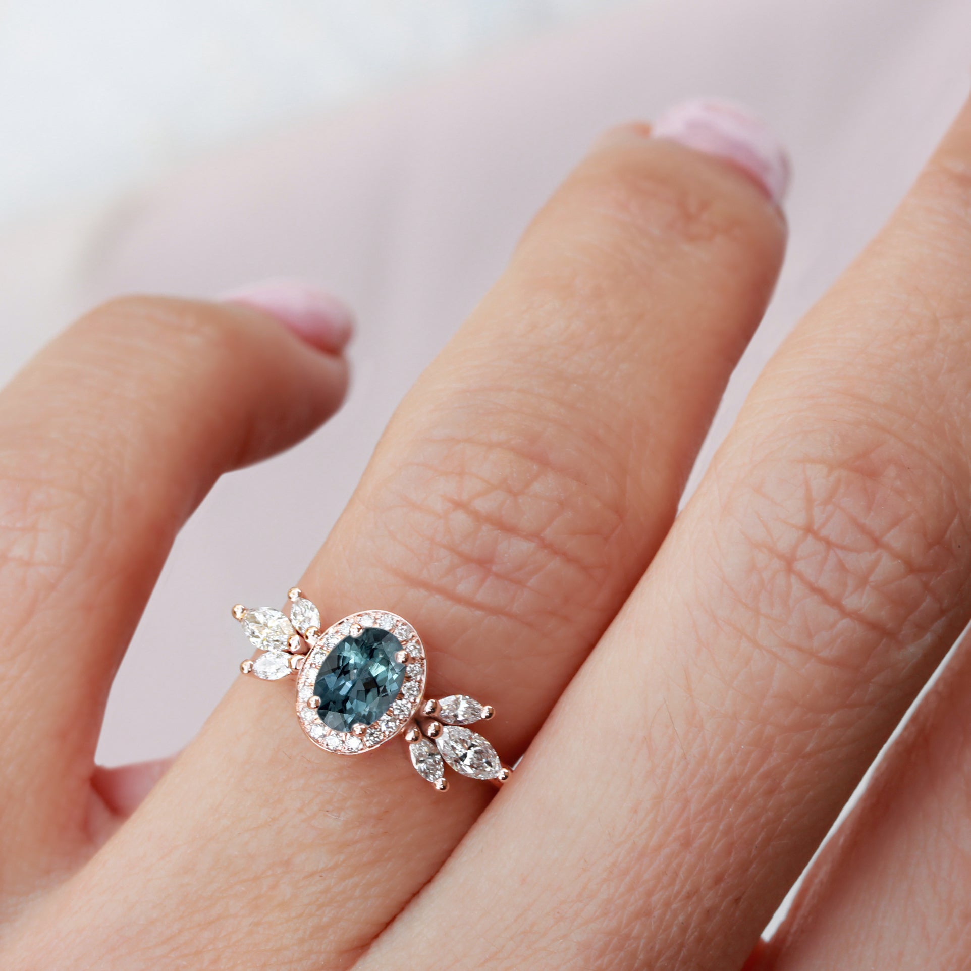 Oval teal sapphire art deco engagement ring - Athena