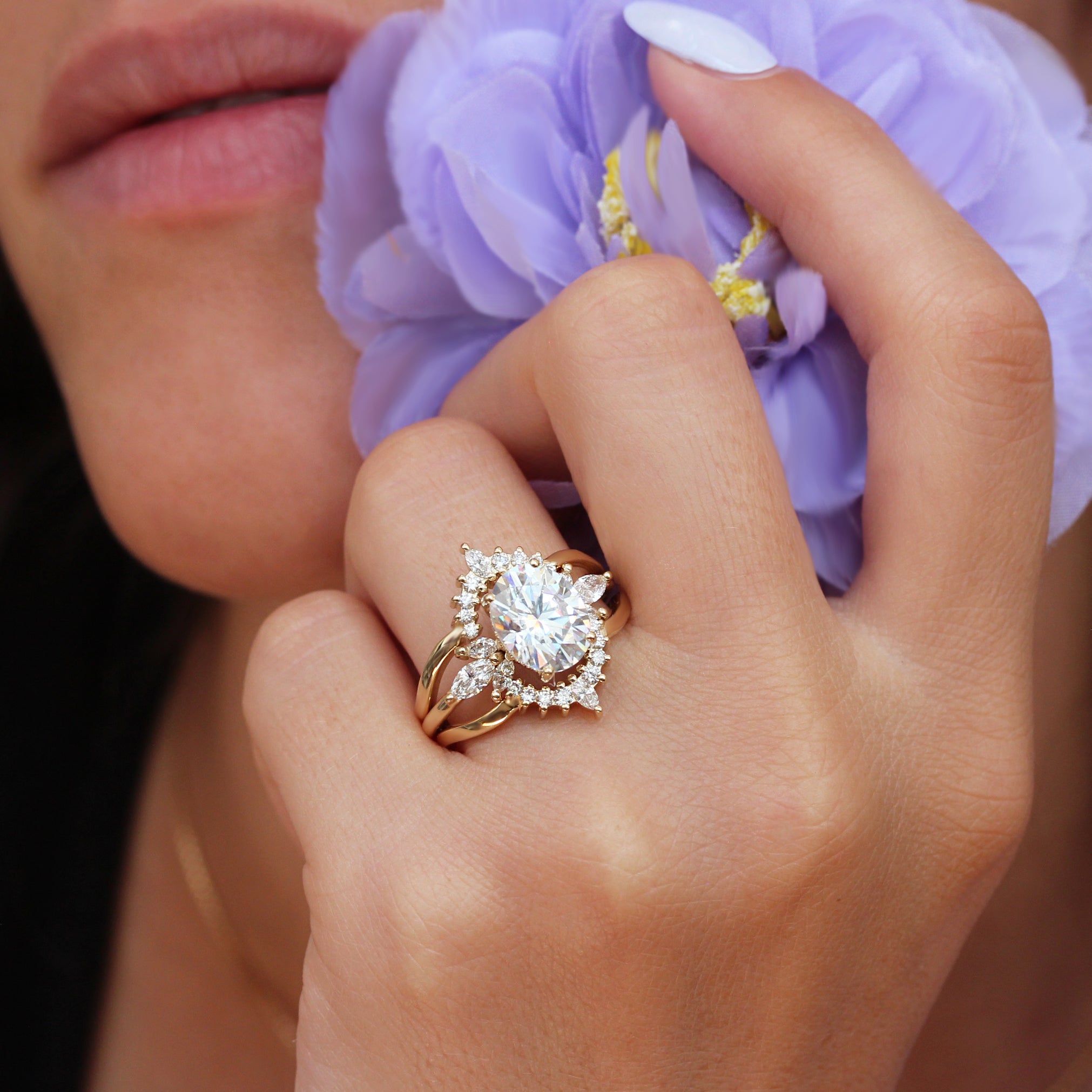 oval big moissanite ring yellow gold and ring guard
