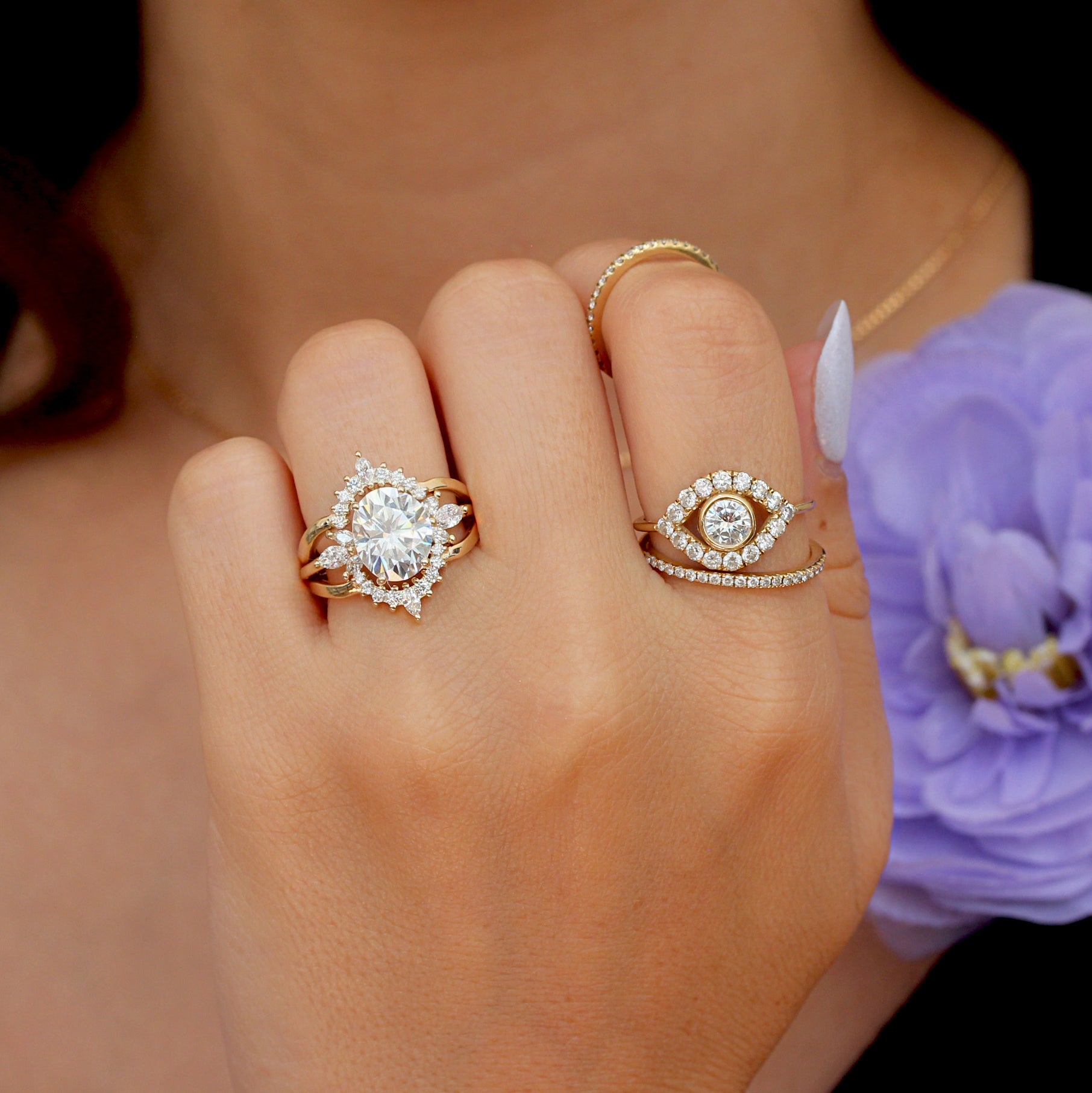 moissanite engagement ring with diamond ring guard