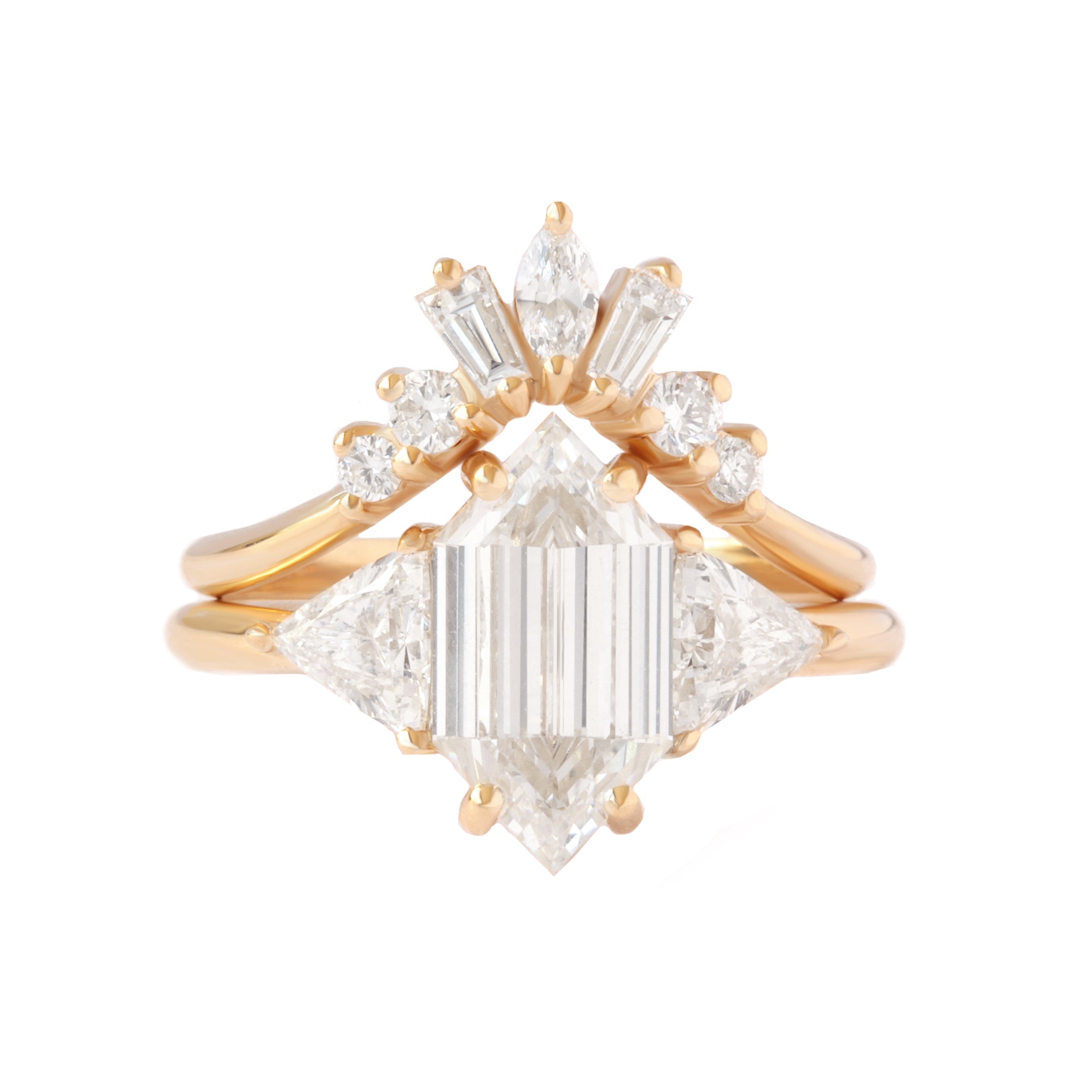 Elongated Hexagon Lab Diamond Three Stone Engagement Ring & Two Nesting Bands ♥