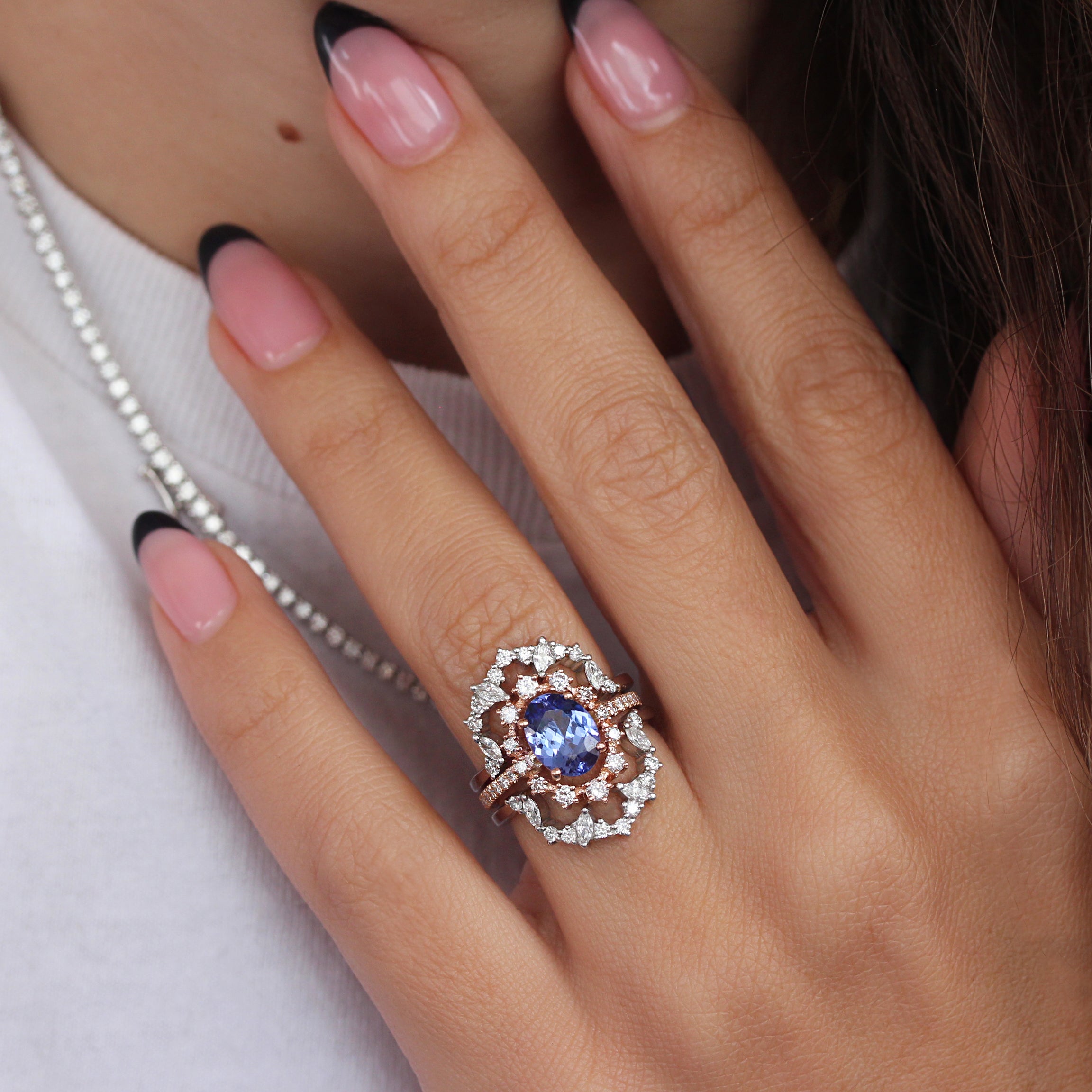 Tanzanite Halo Engagement Ring "Glory" with "Charlotte" Ring Guard Enhancer ♥