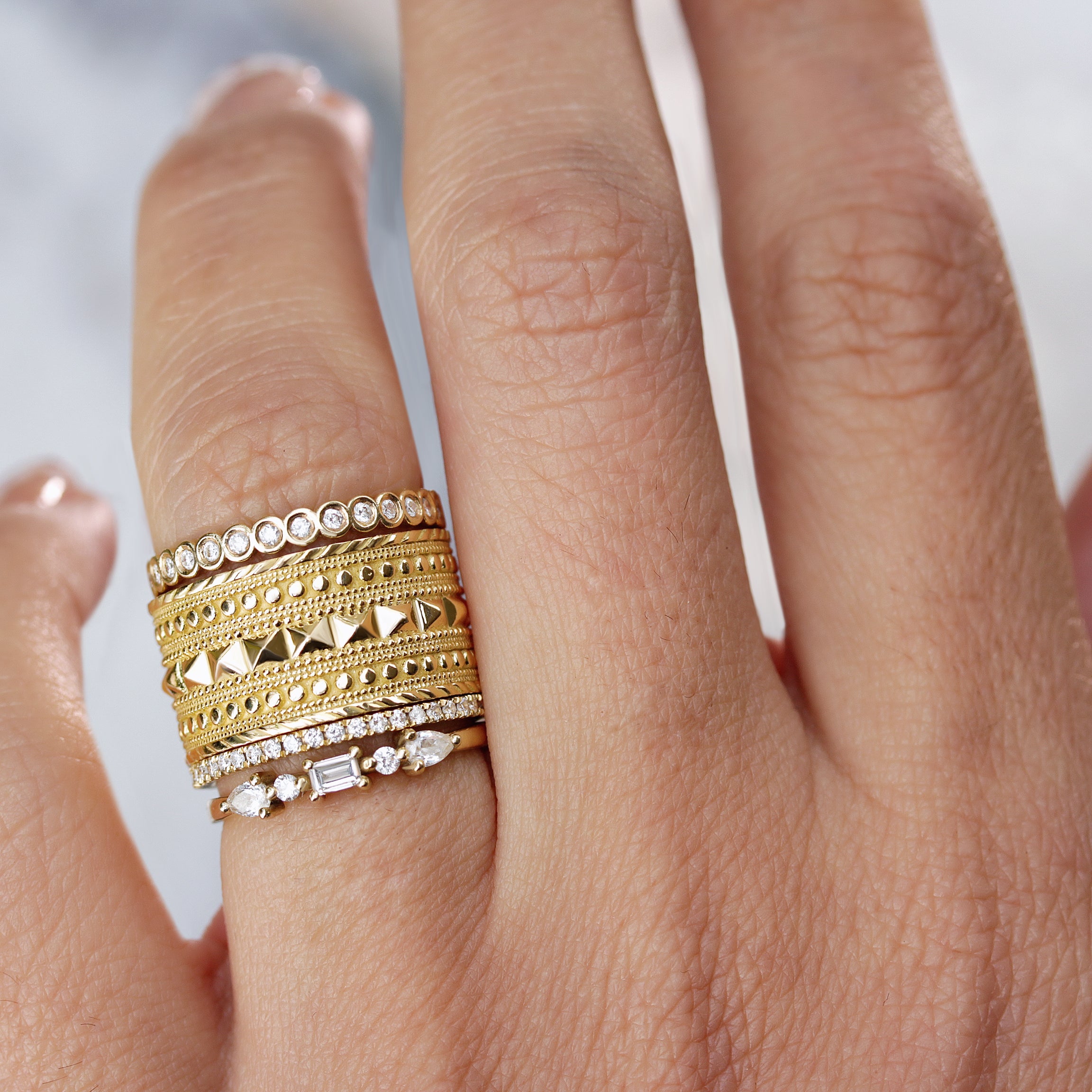 Pyramid and Beaded Textured Wide Bold Gold Cigar Statement Ring, Cleopatra