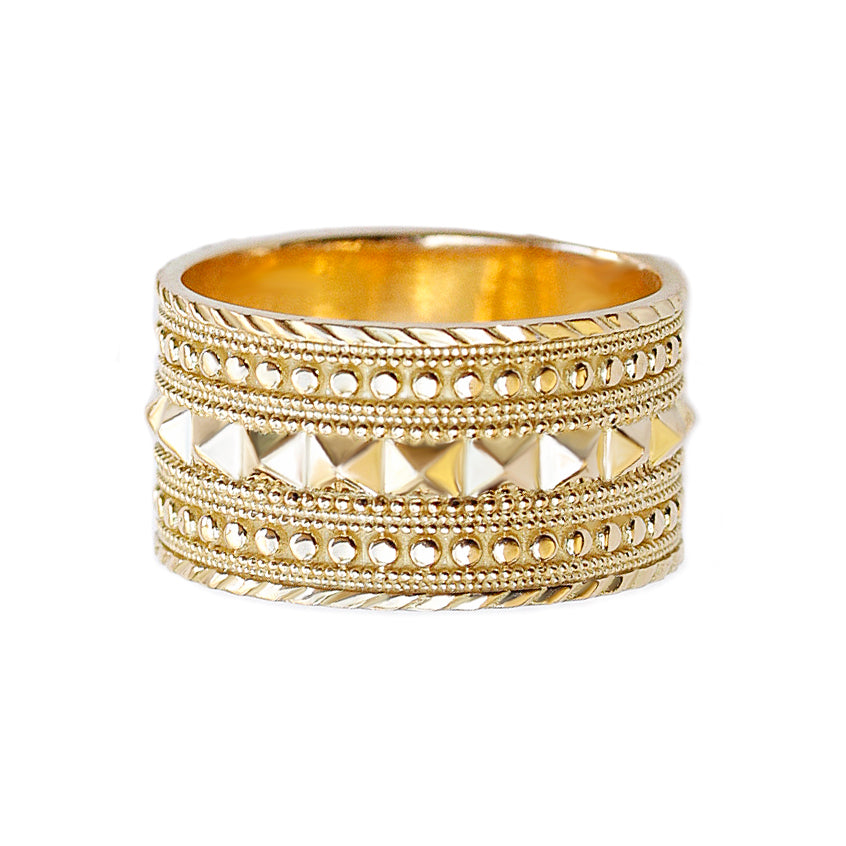 Pyramid and Beaded Textured Wide Bold Gold Cigar Statement Ring, Cleopatra