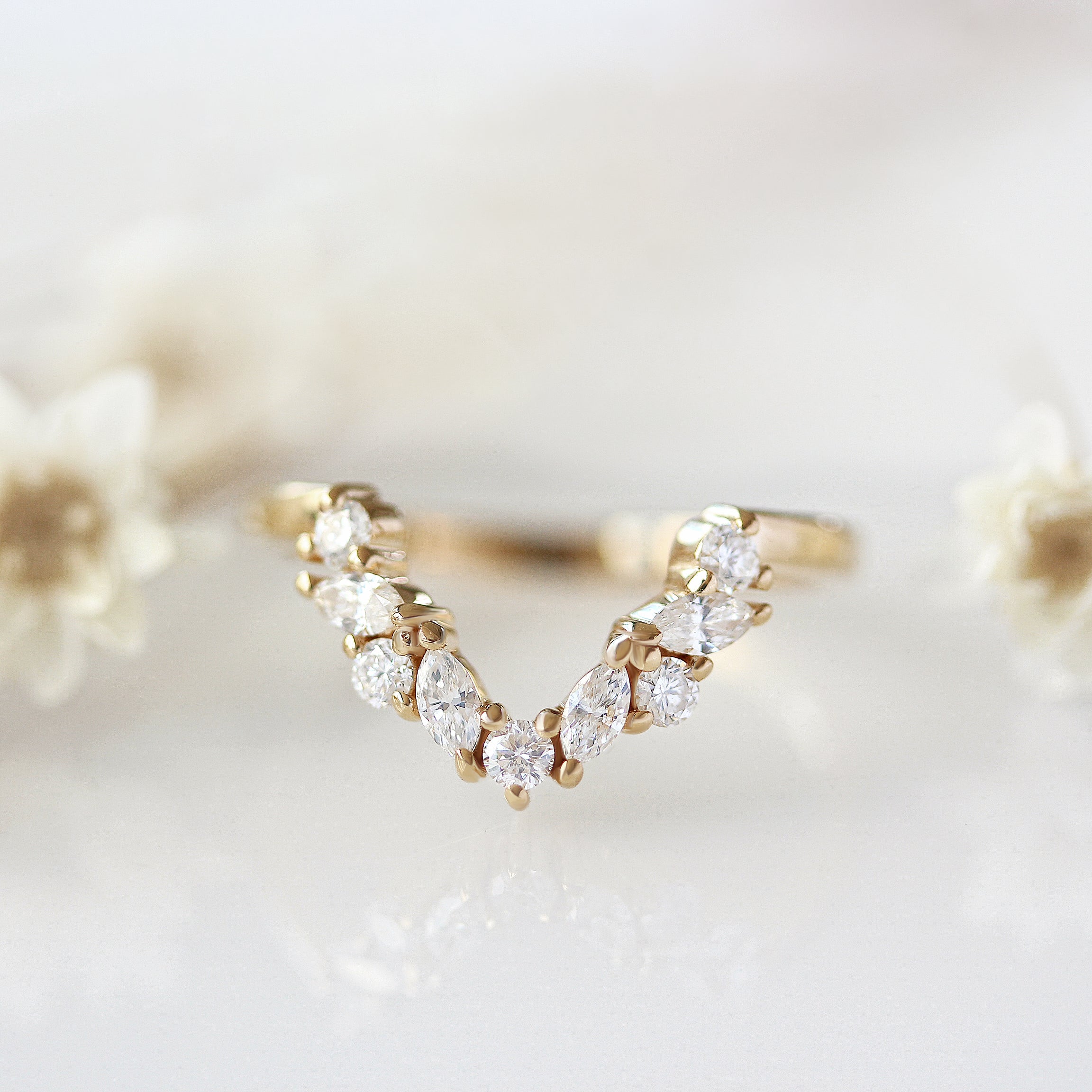 Marquise diamond V chevron Nesting ring yellow gold