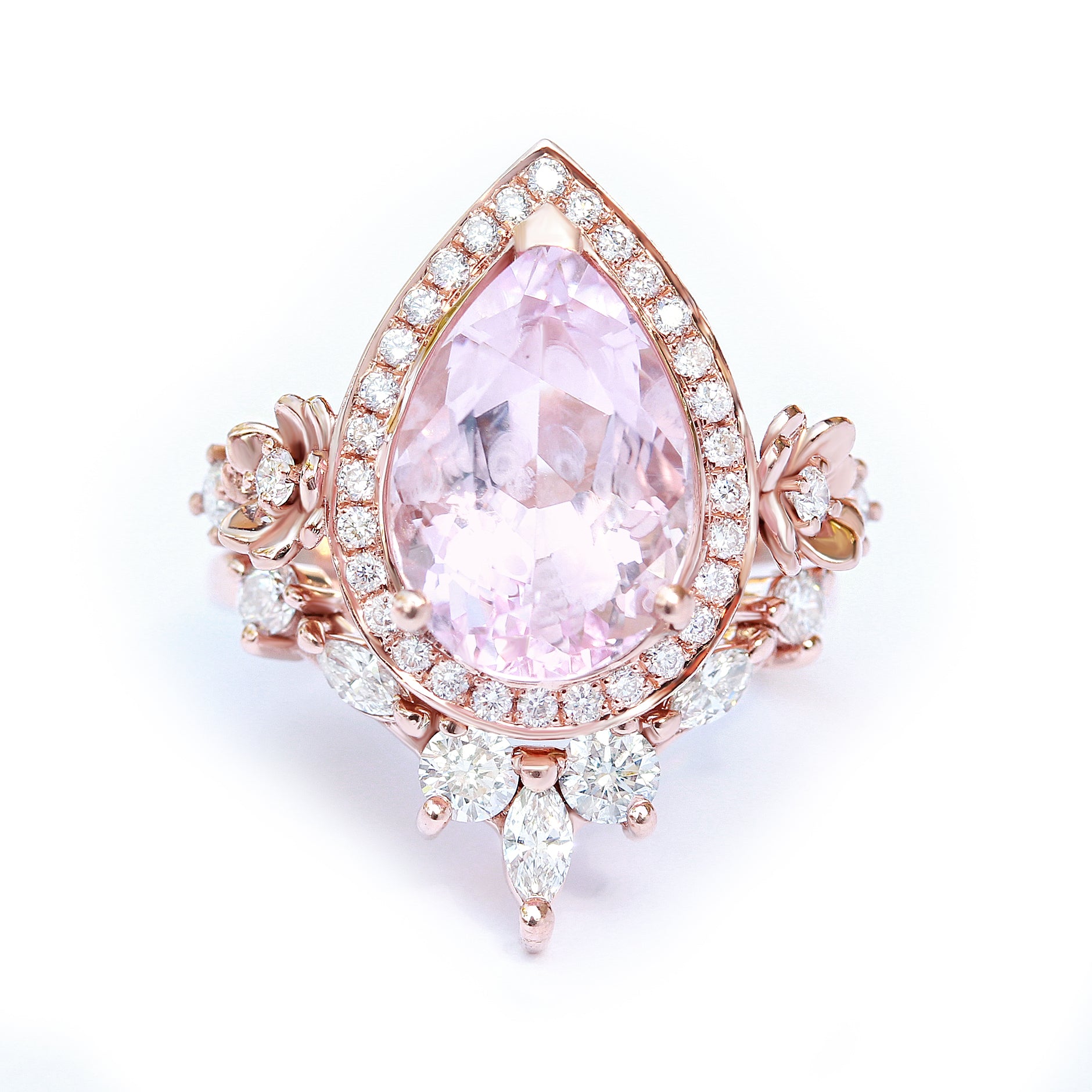 Big Pear Morganite & Two Iceland wedding bands, Engagement Three Ring Set, Antheia ♥