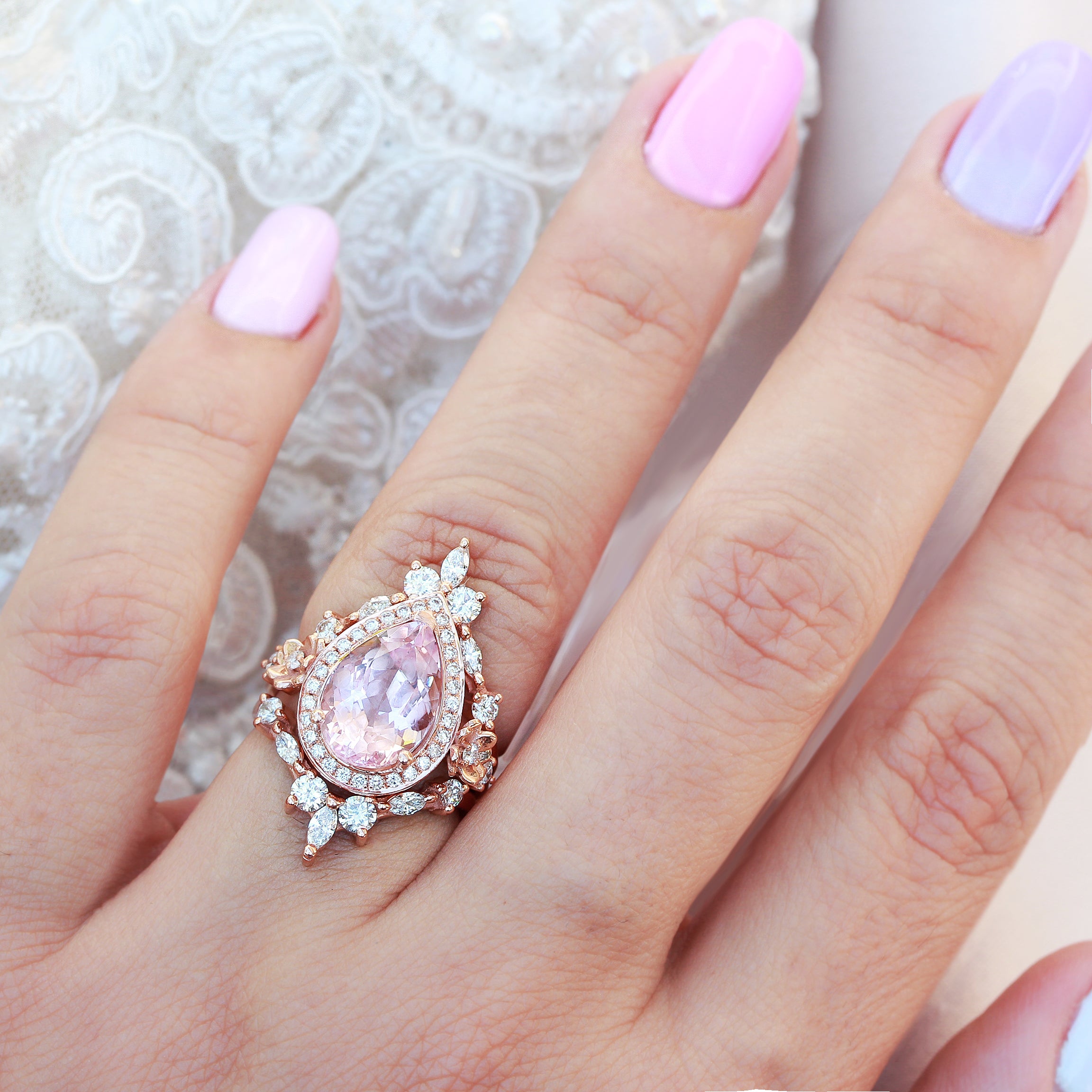 Big Pear Morganite & Two Iceland wedding bands, Engagement Three Ring Set, Antheia ♥