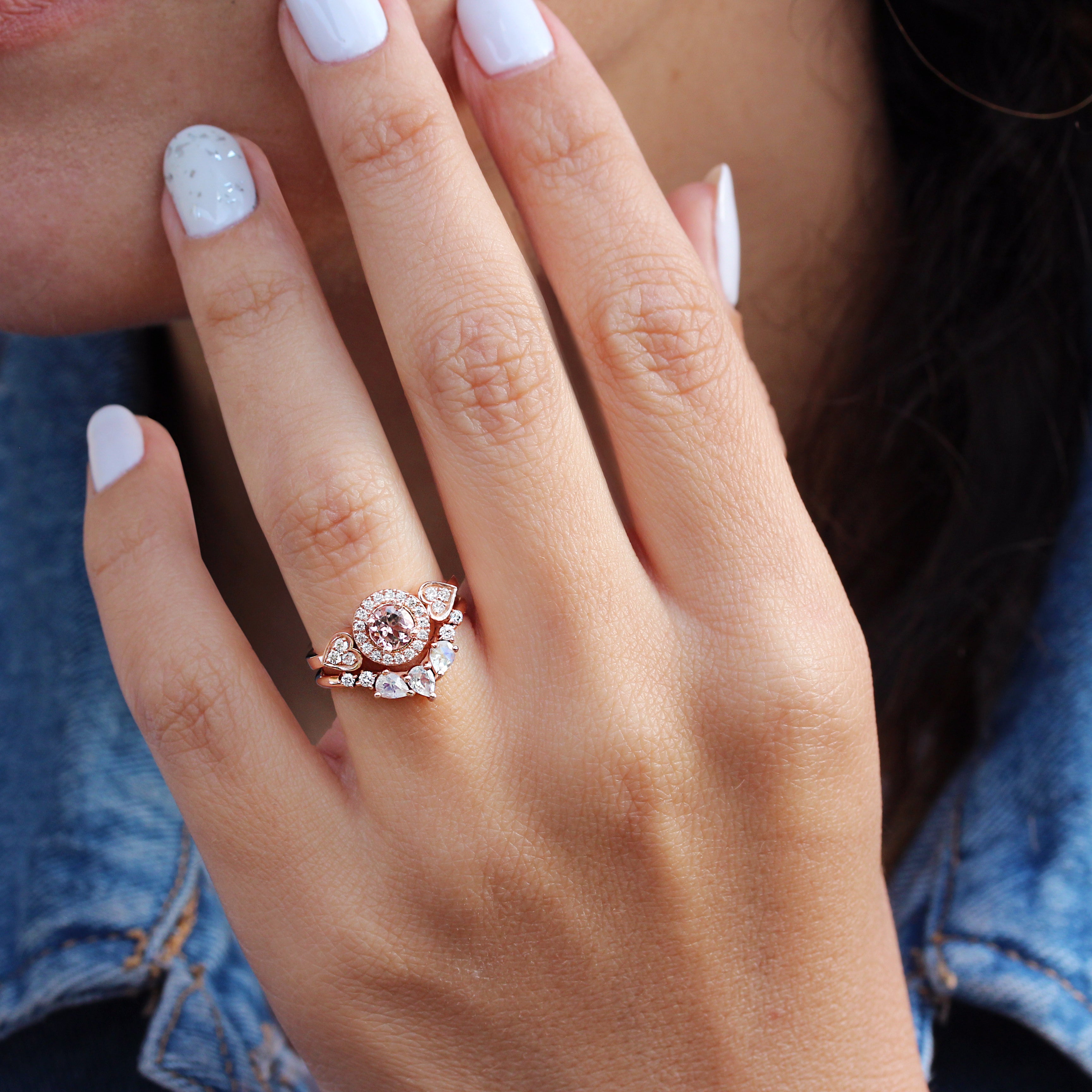 Morganite, Moonstone & Diamonds Halo, Unique Cluster Engagement Rings set, Sugar Rose + Gaia - sillyshinydiamonds