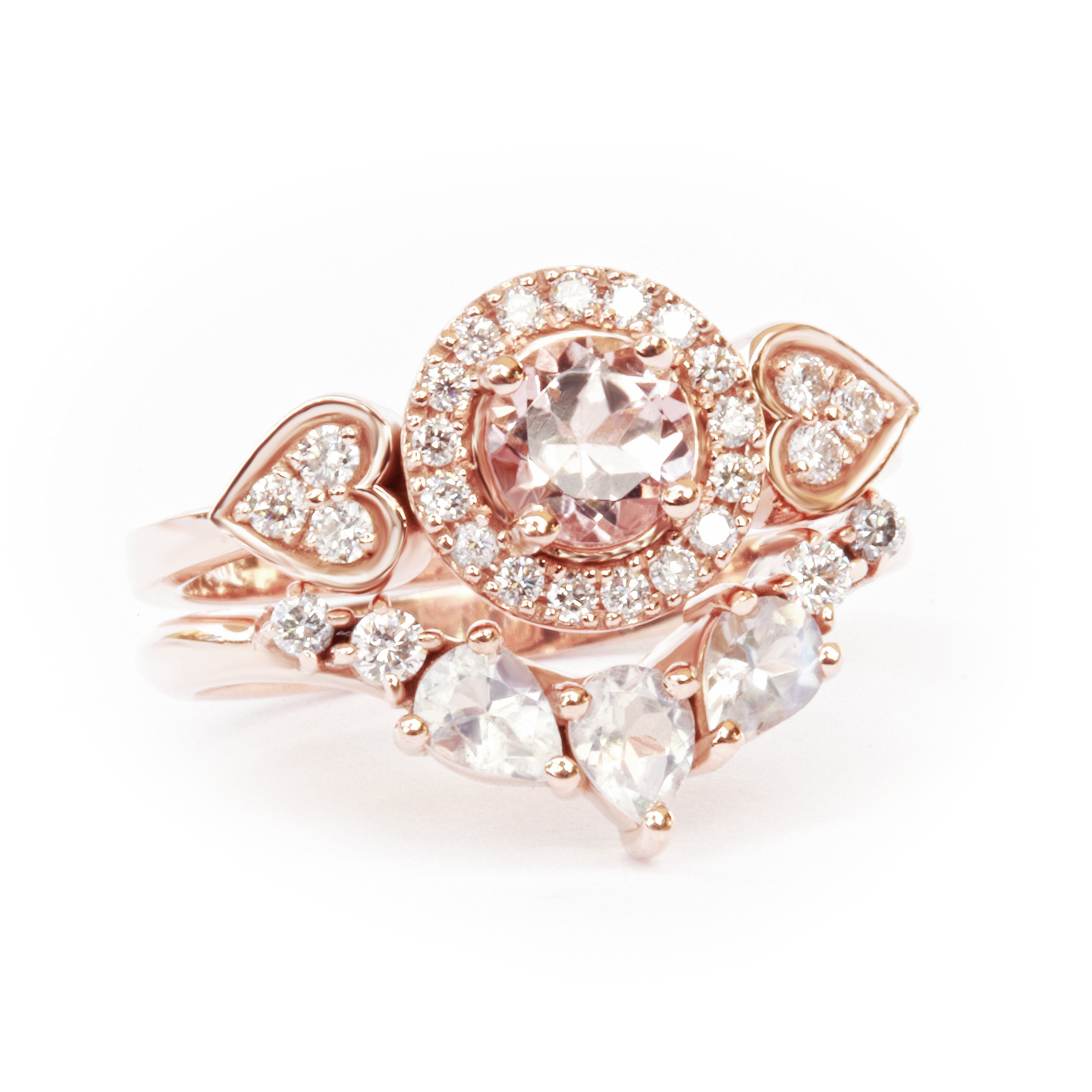 Morganite, Moonstone & Diamonds Halo, Unique Cluster Engagement Rings set, Sugar Rose + Gaia - sillyshinydiamonds