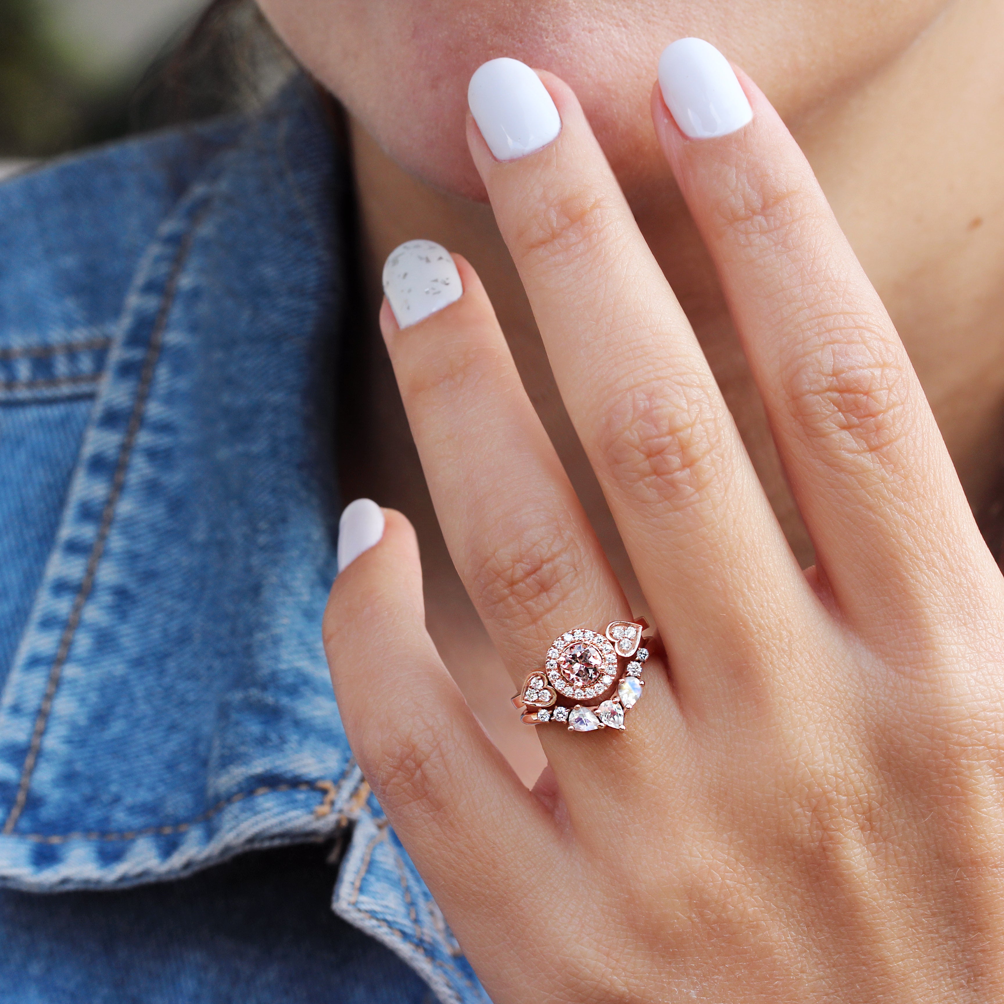 Morganite, Moonstone & Diamonds Halo, Unique Cluster Engagement Rings set, Sugar Rose + Gaia - sillyshinydiamonds