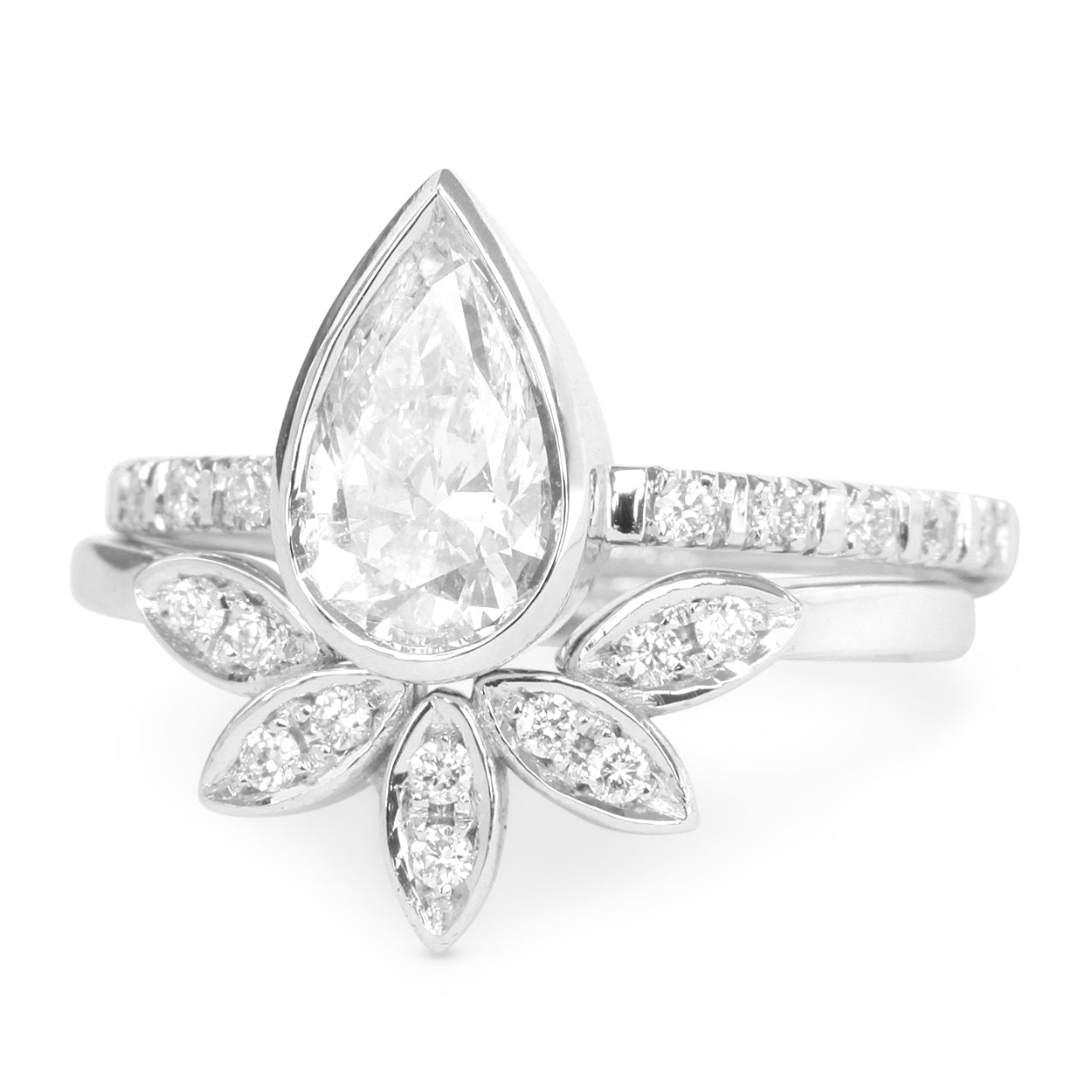 0.5ct Pear Diamond Minimal Engagement Ring & 5 Leaves Ring Wedding Ring Set - sillyshinydiamonds