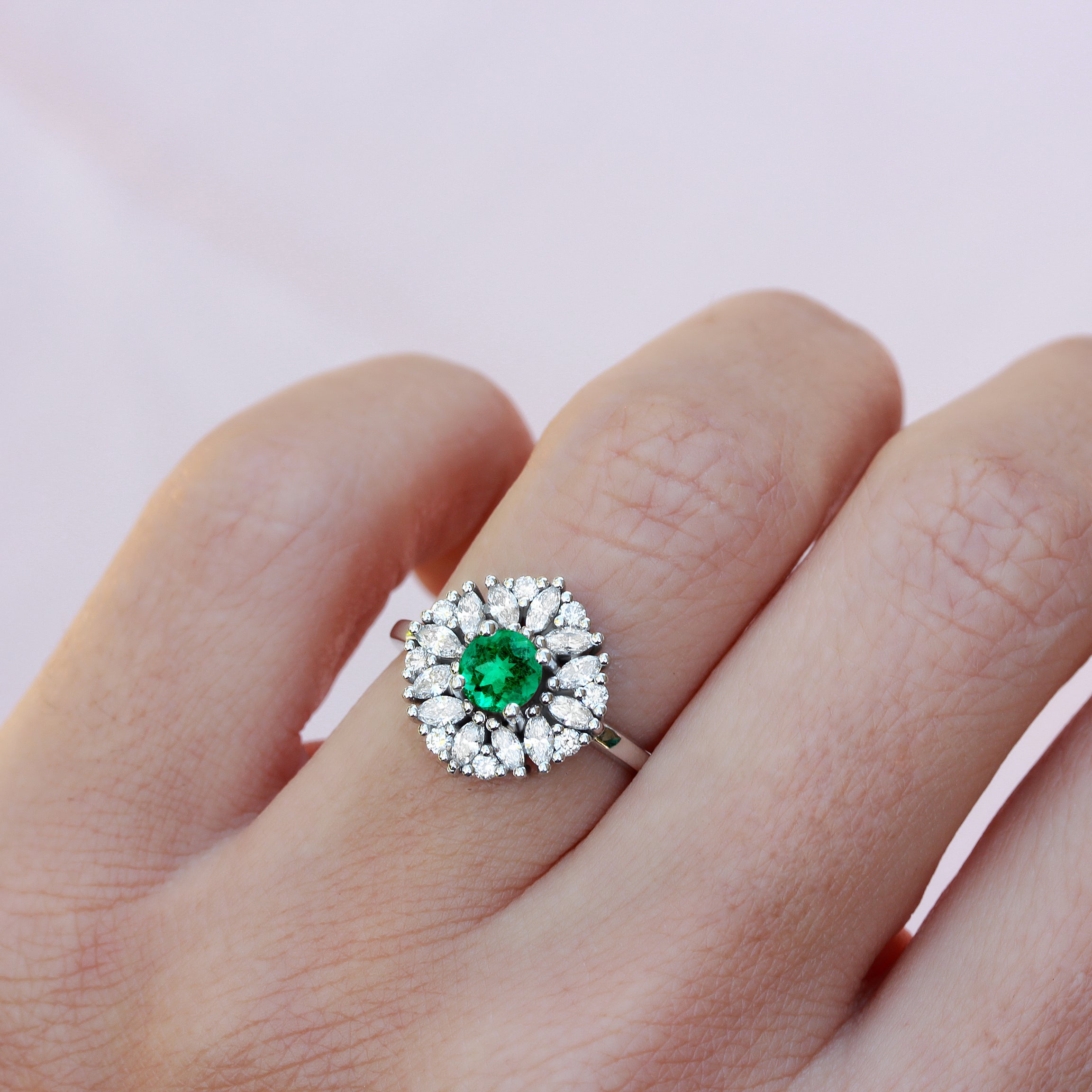 Ballerina emerald and unique diamond halo engagement ring, Harper