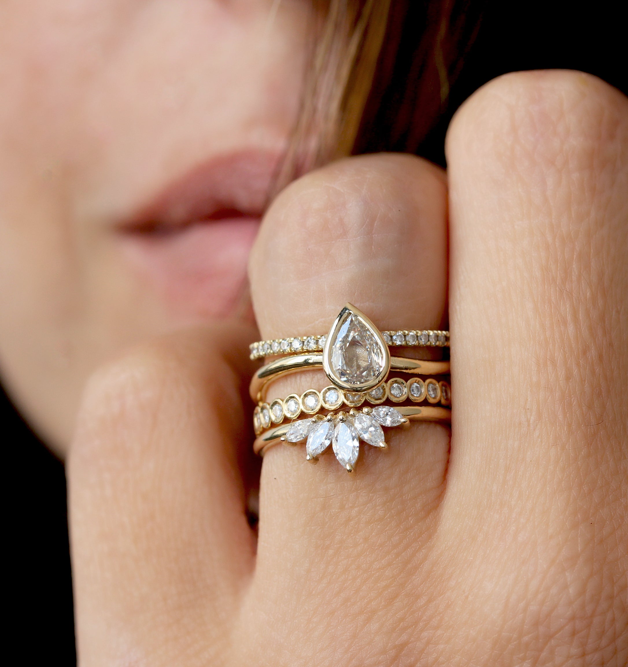 OOAK Solitaire Bezel Set, Rose Cut Pear Shape, Champagne Diamond Infinity Knot Engagement Ring, 14K Yellow Gold, Size 6