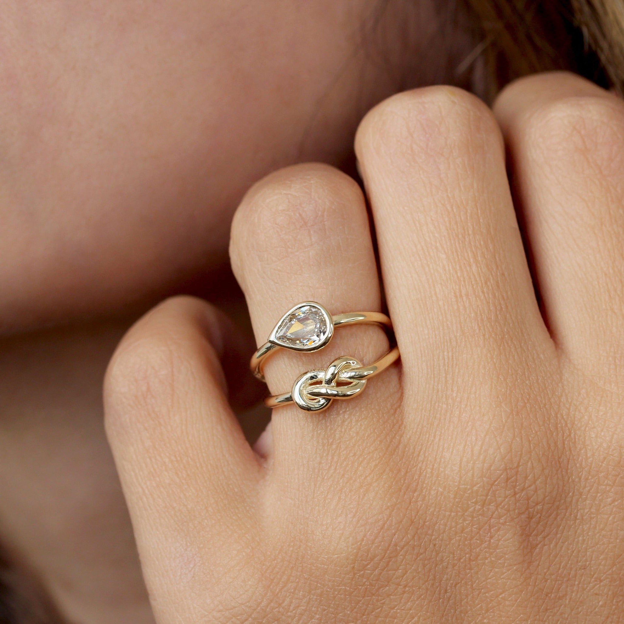 Rose Cut Pear Shape Champagne Diamond, Bezel Set East West Solitaire Unique Infinity Knot Double Wrap Crossover Engagement Ring