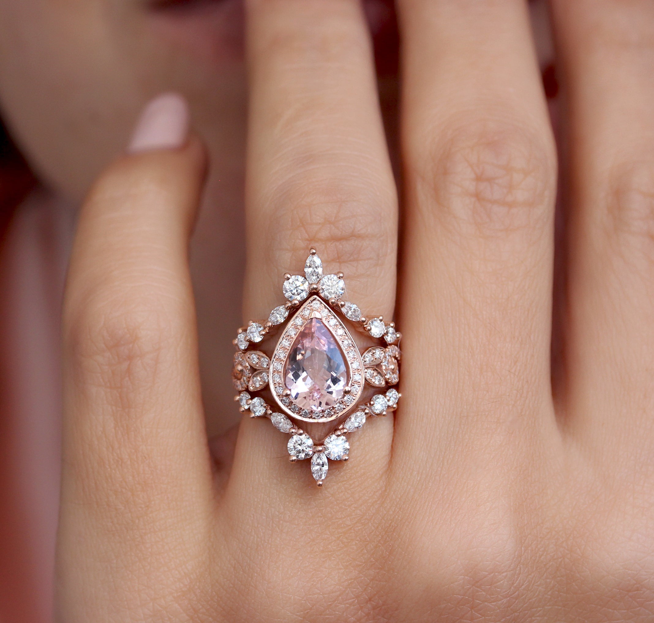 Pear Morganite & Diamonds Engagement Wave Band ring