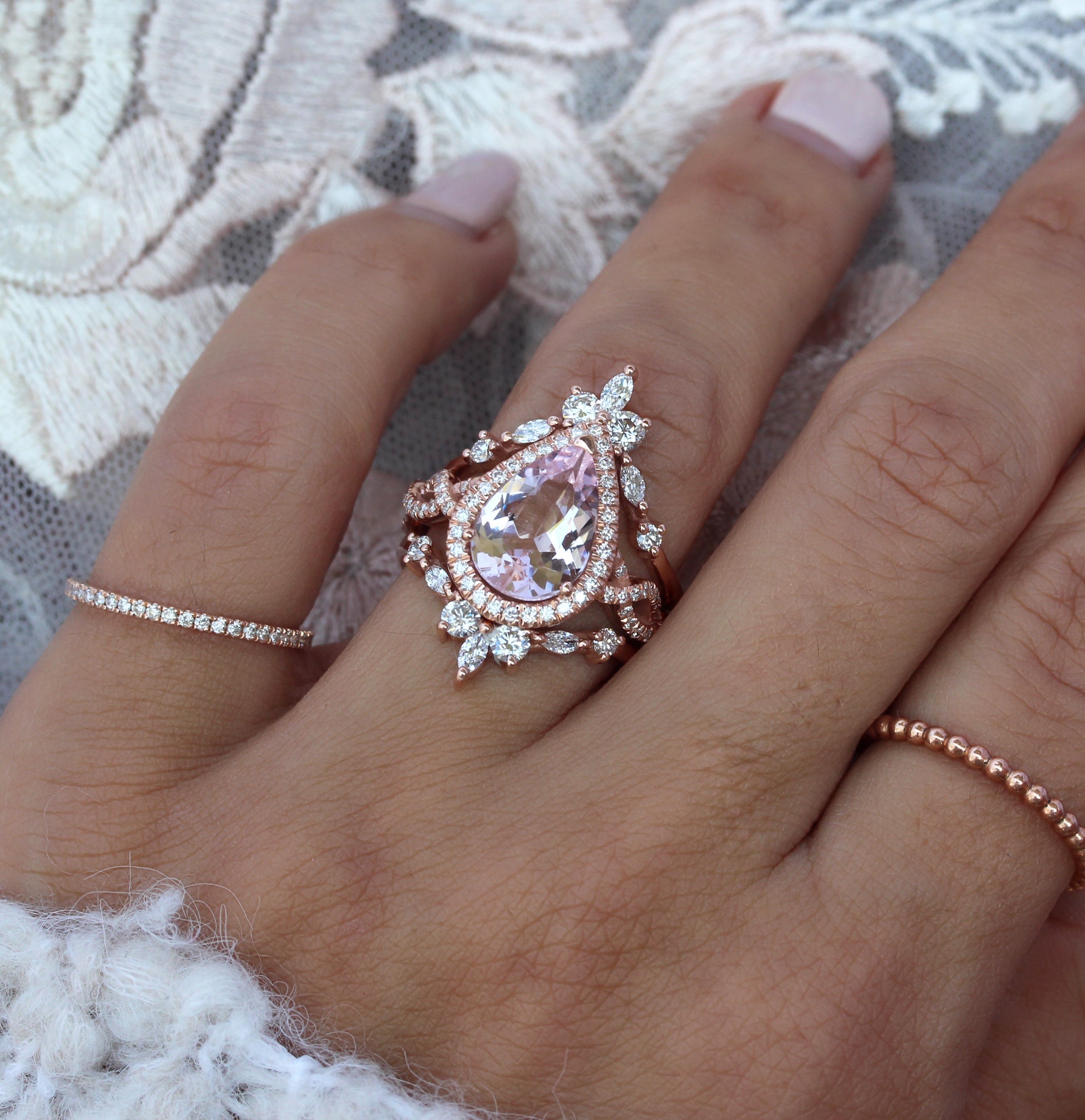 3 carats Pear Pink Morganite, Twist Shank Band Engagement Ring - "Elise" with Iceland Ring guard ♥