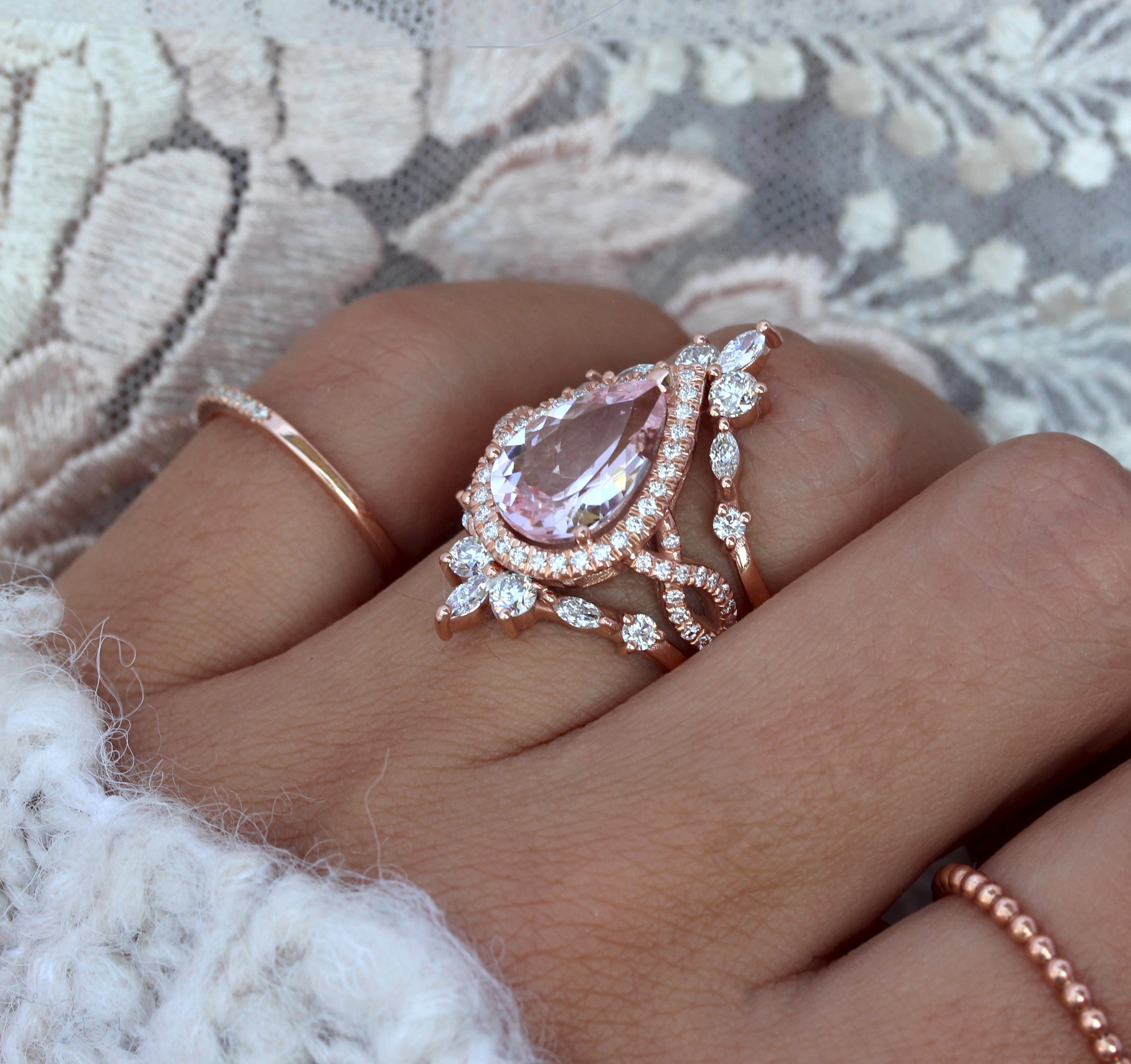 Pear Pink Morganite Twist Shank Band Engagement Ring & "Iceland" Ring Guard Wedding Set - "Elise"