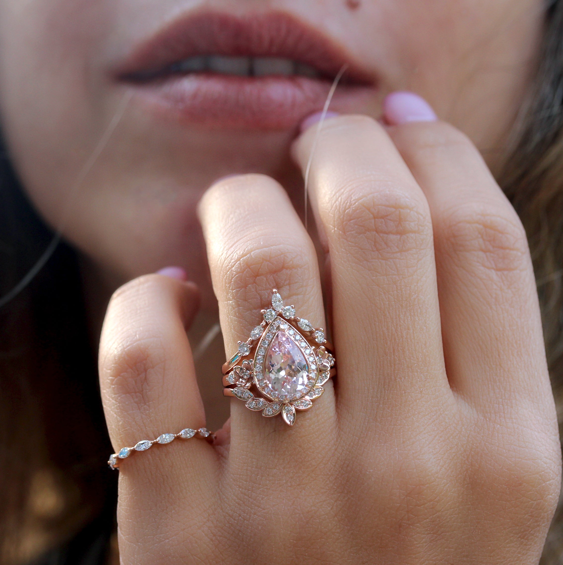 2 carat Pear Pink Morganite and 7 Leaves Diamond Sideband, Wedding Ring Set- "Antheia Bloom"