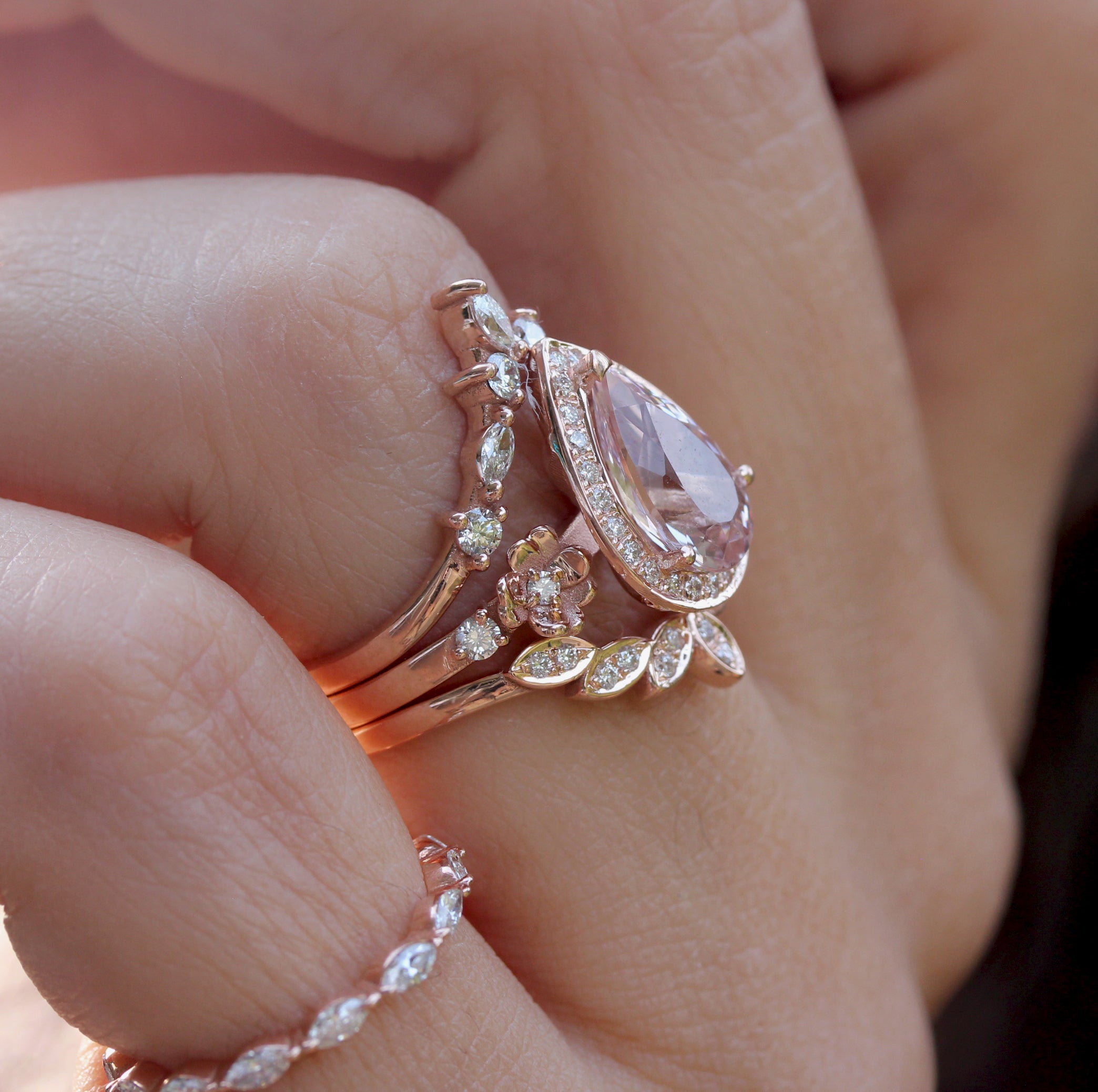 2 carat Pear Pink Morganite and 7 Leaves Diamond Sideband, Wedding Ring Set- "Antheia Bloom"