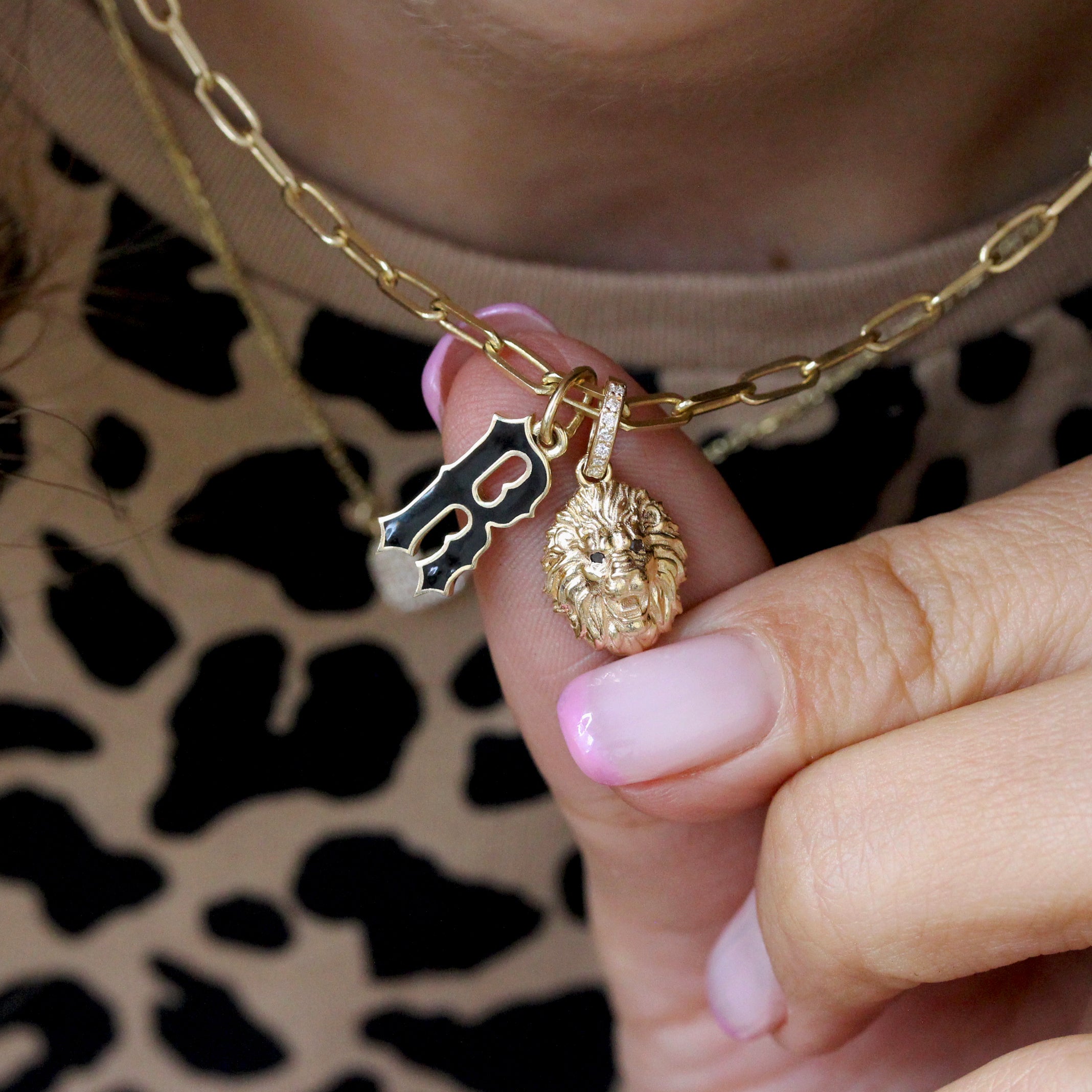 Gold Lion Head Charm, Astrology sign Pendant with Diamond Hoop yellow gold