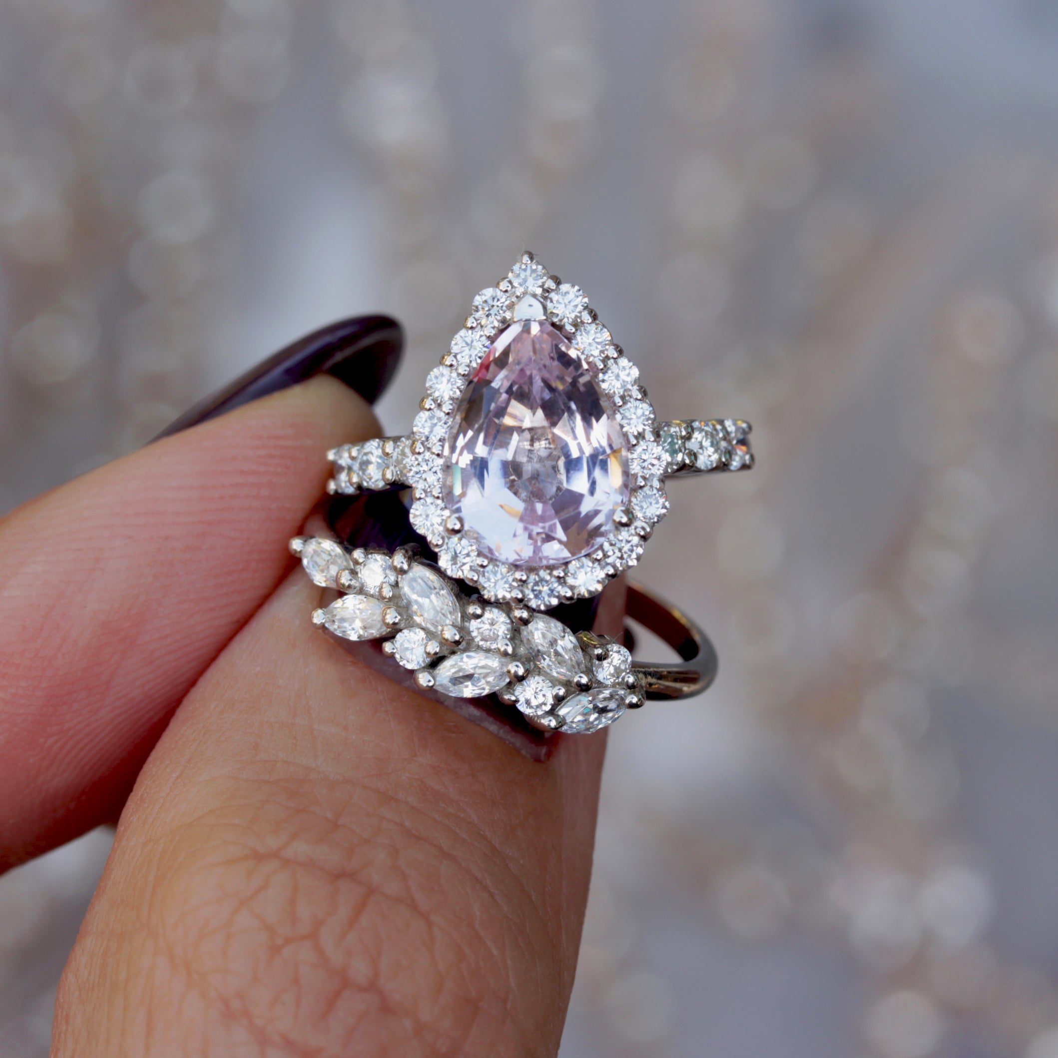 2 Carat Bug Pink Pear Morganite & Diamonds Engagement Ring - "Amelia" white gold