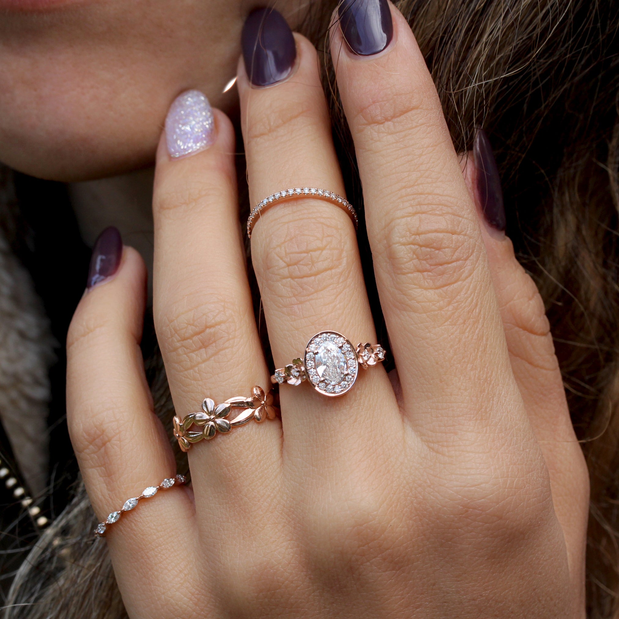 Oval Halo Diamond Floral Engagement Ring - "Antheia"