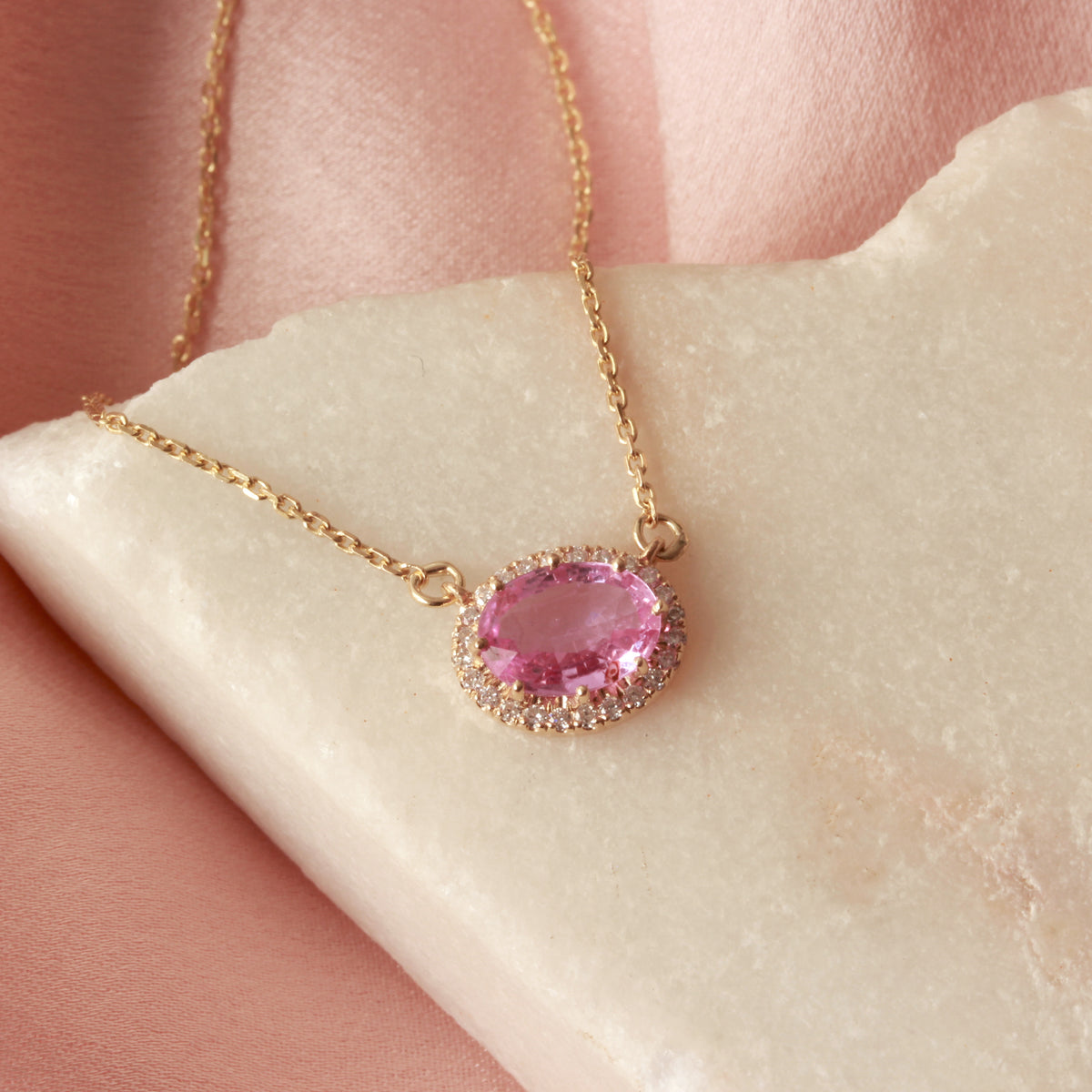14K Yellow Gold Oval Pink Sapphire Halo Pendant Necklace