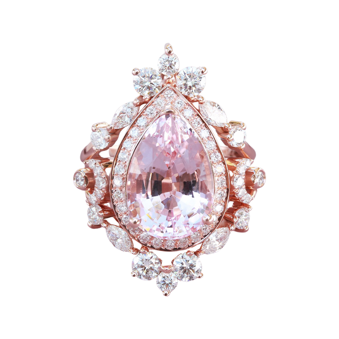 Pear shape Morganite Engagement Two Rings Set - Moonchild