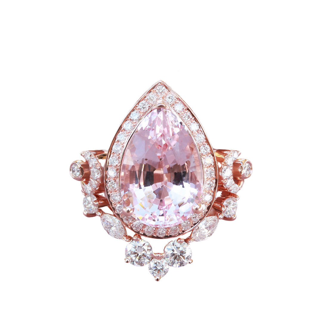 Pear shape Morganite Engagement Two Rings Set - Moonchild