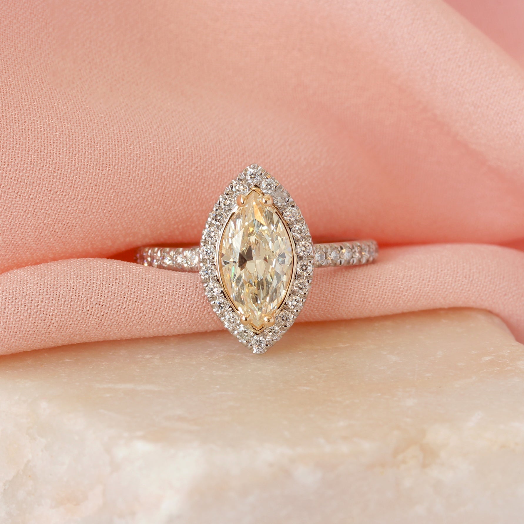 Marquise Yellow Halo Diamond Wedding Two Ring Set - Daisy & Stardust ♥