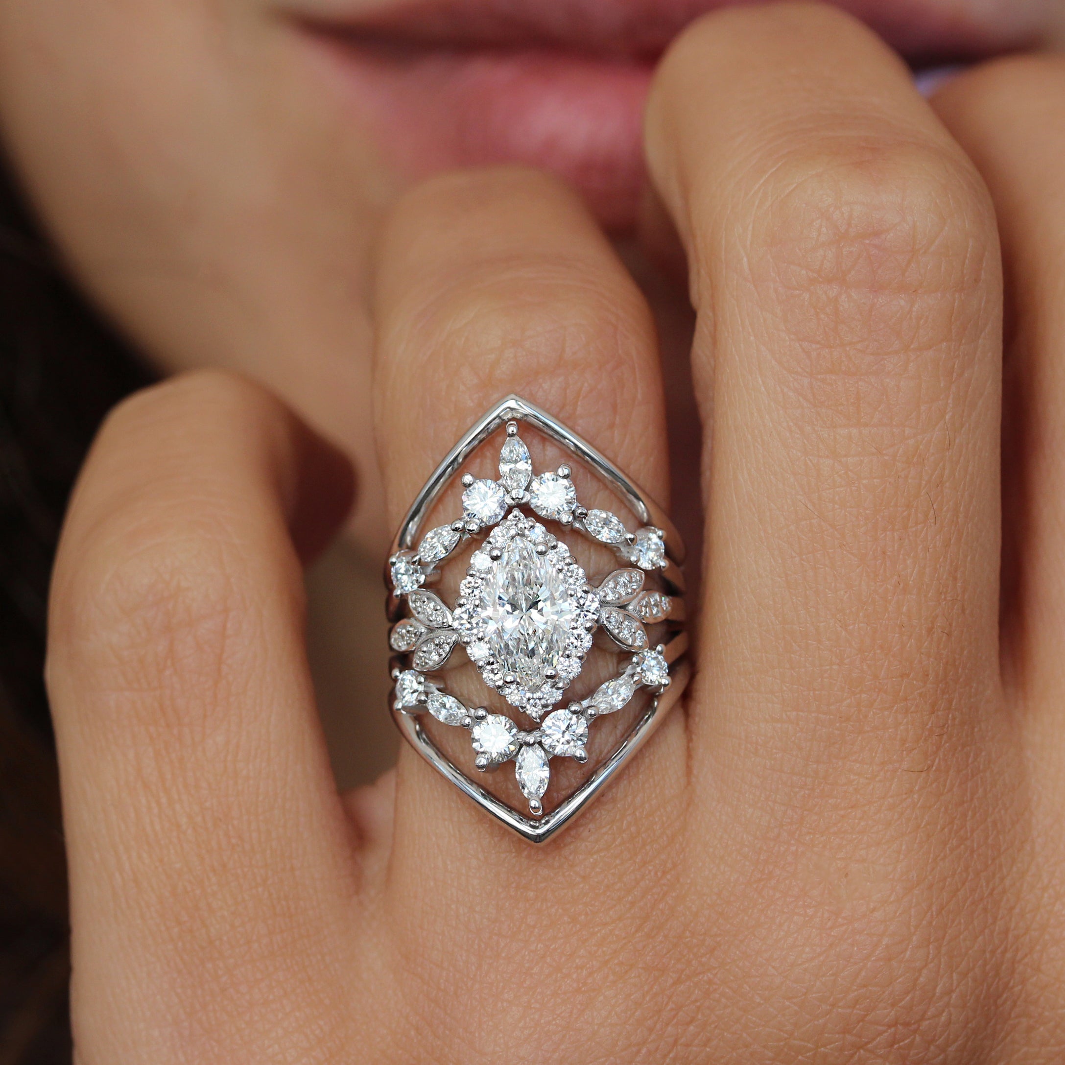 "Minimal Lily" Marquise Diamond Floral Engagement Ring Set dive rings white gold silly shiny diamonds