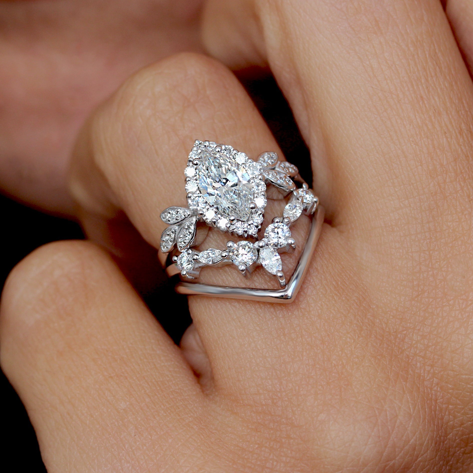 "Minimal Lily" Marquise Diamond Floral Engagement Ring Set silly shiny diamonds