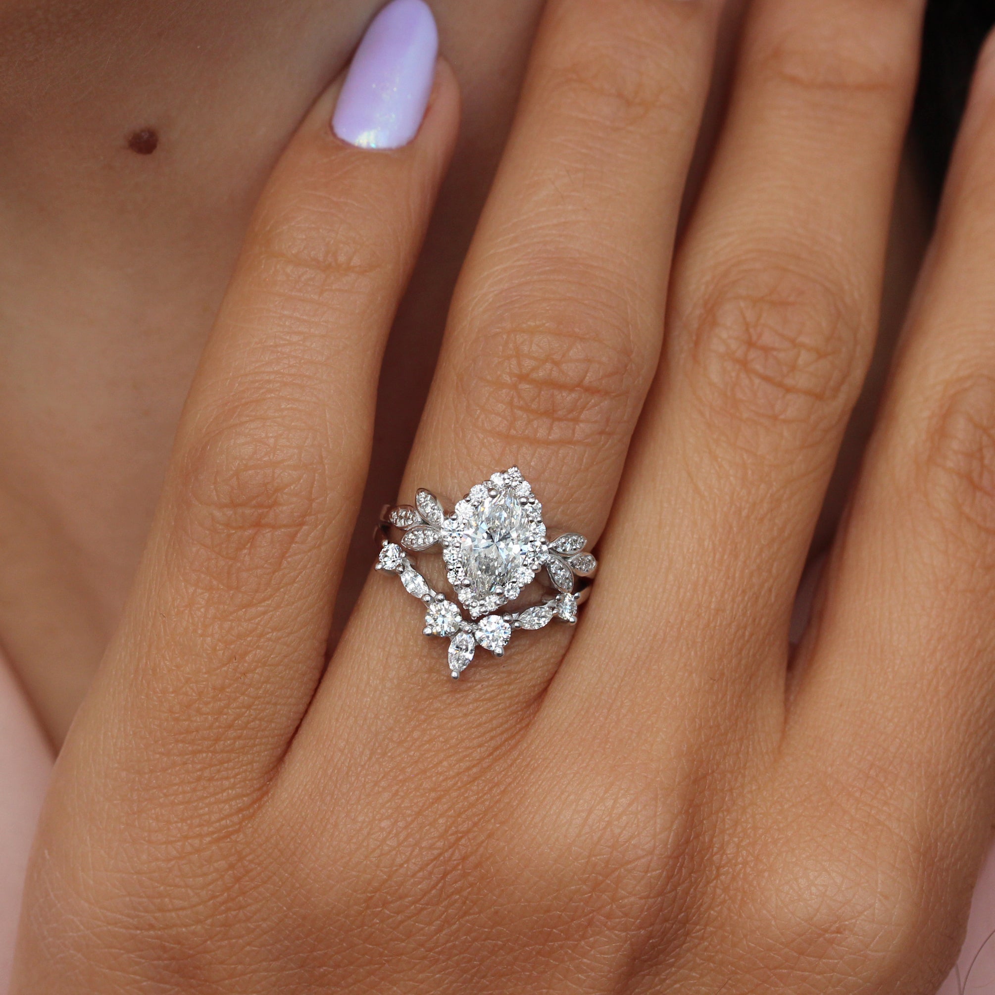 "Minimal Lily" Marquise Diamond Floral Engagement two Ring Set silly shiny diamonds