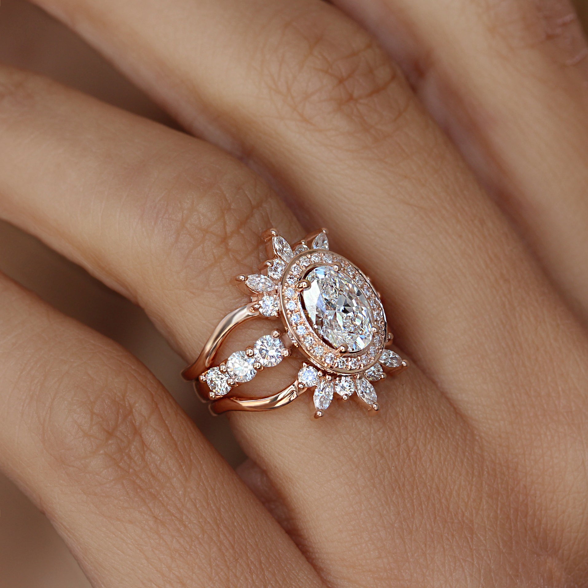 Modern Oval Halo Diamond Engagement Ring with Two Matching Crown Nesting Band, Scarlett + Athena Crown  ♥