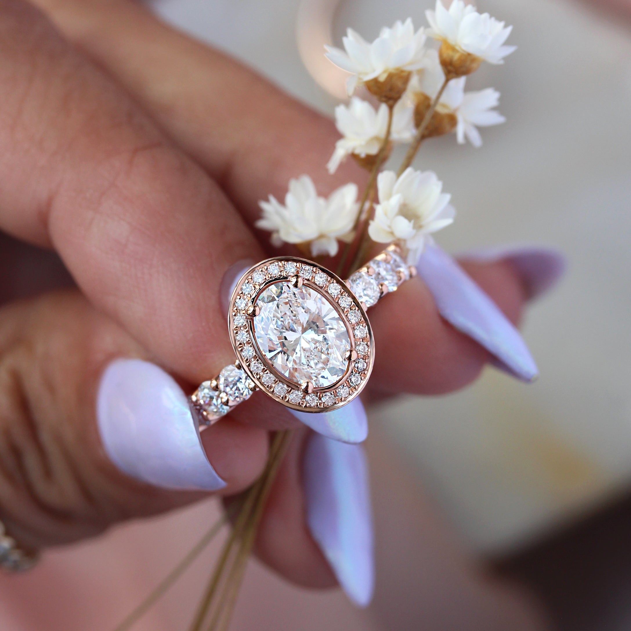 Oval Halo Diamond Engagement Ring with Pearl Nesting Band Wedding Rings Set Scarlett