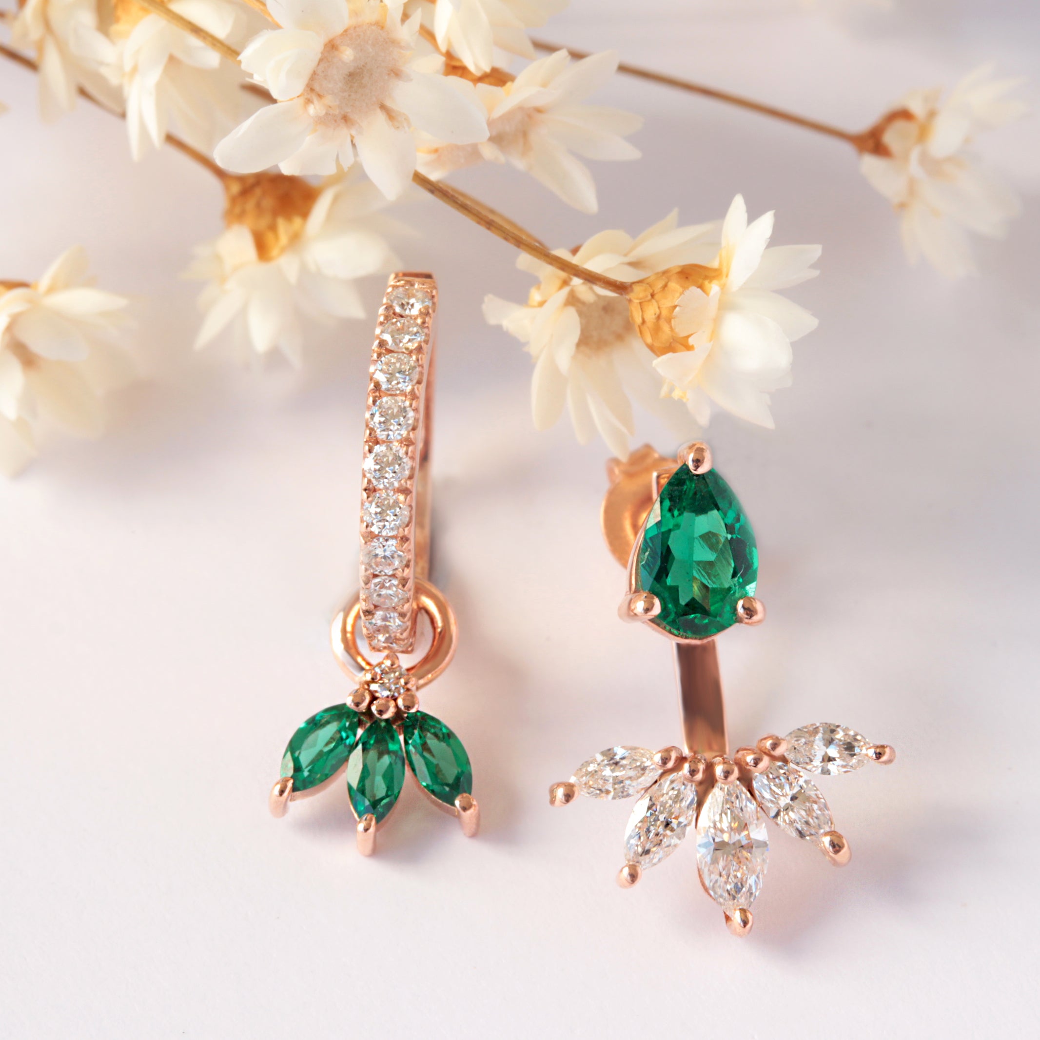 Small hoop with marquise emerald drop huggie diamond earrings