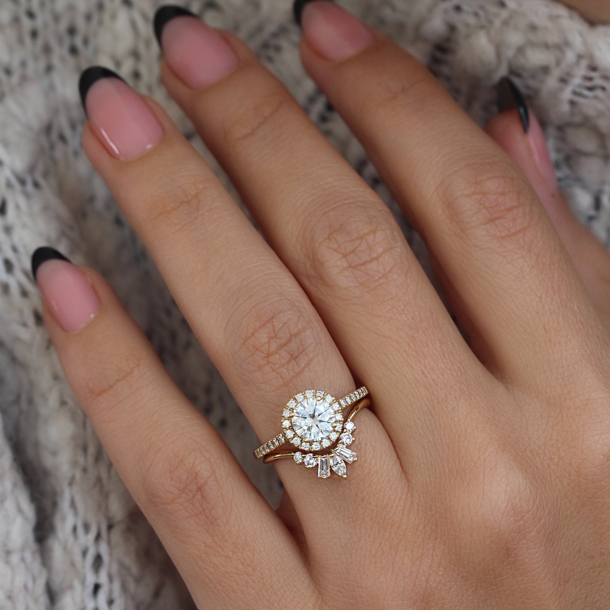 Round Diamond Halo Engagement Ring With Nesting Sideband, Bridal Two Ring Set - Lady & Billy