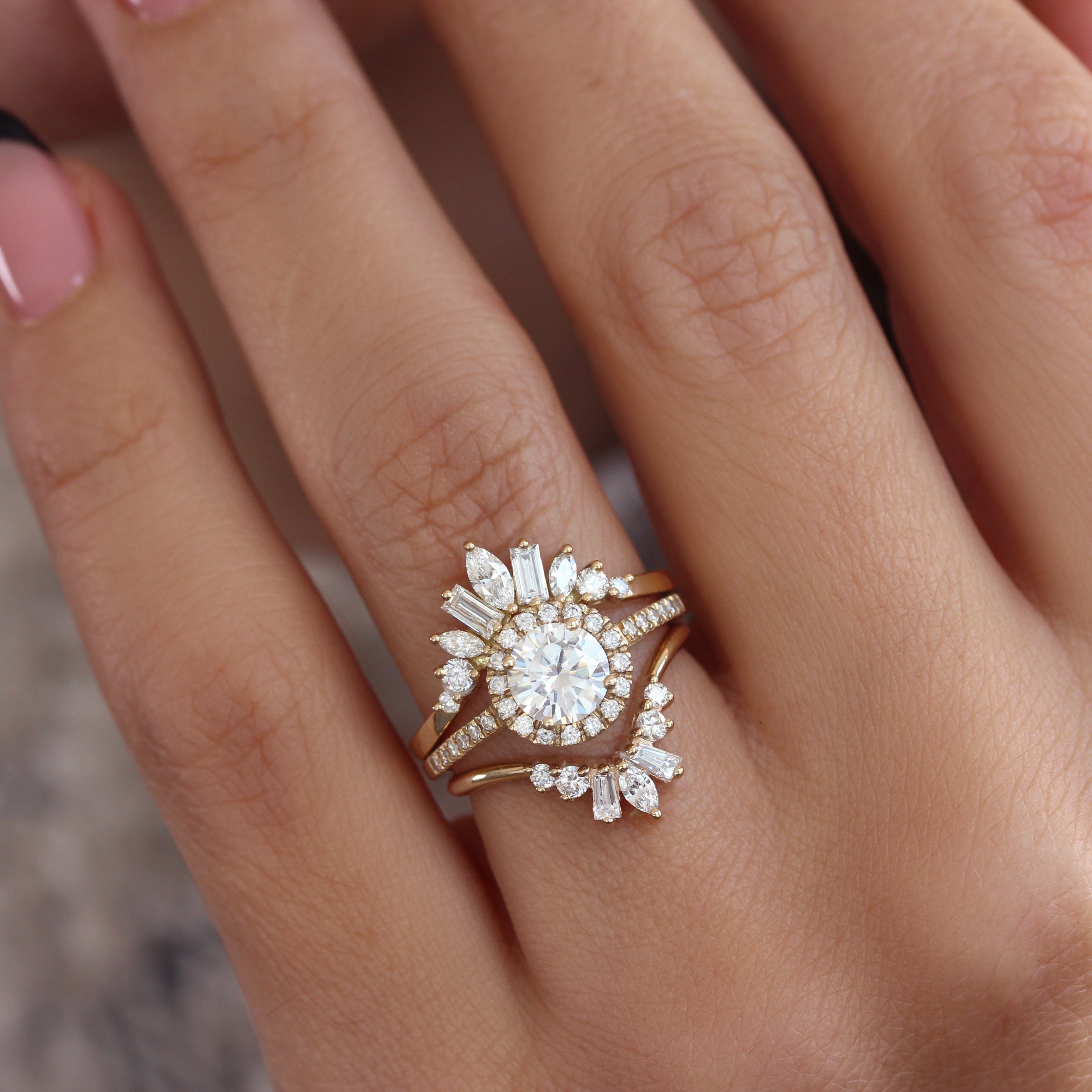 Round Diamond Halo Engagement Ring With Two Matching Sidebands, Bridal Three Ring Set "Lady" "Ally V" & "Billy"