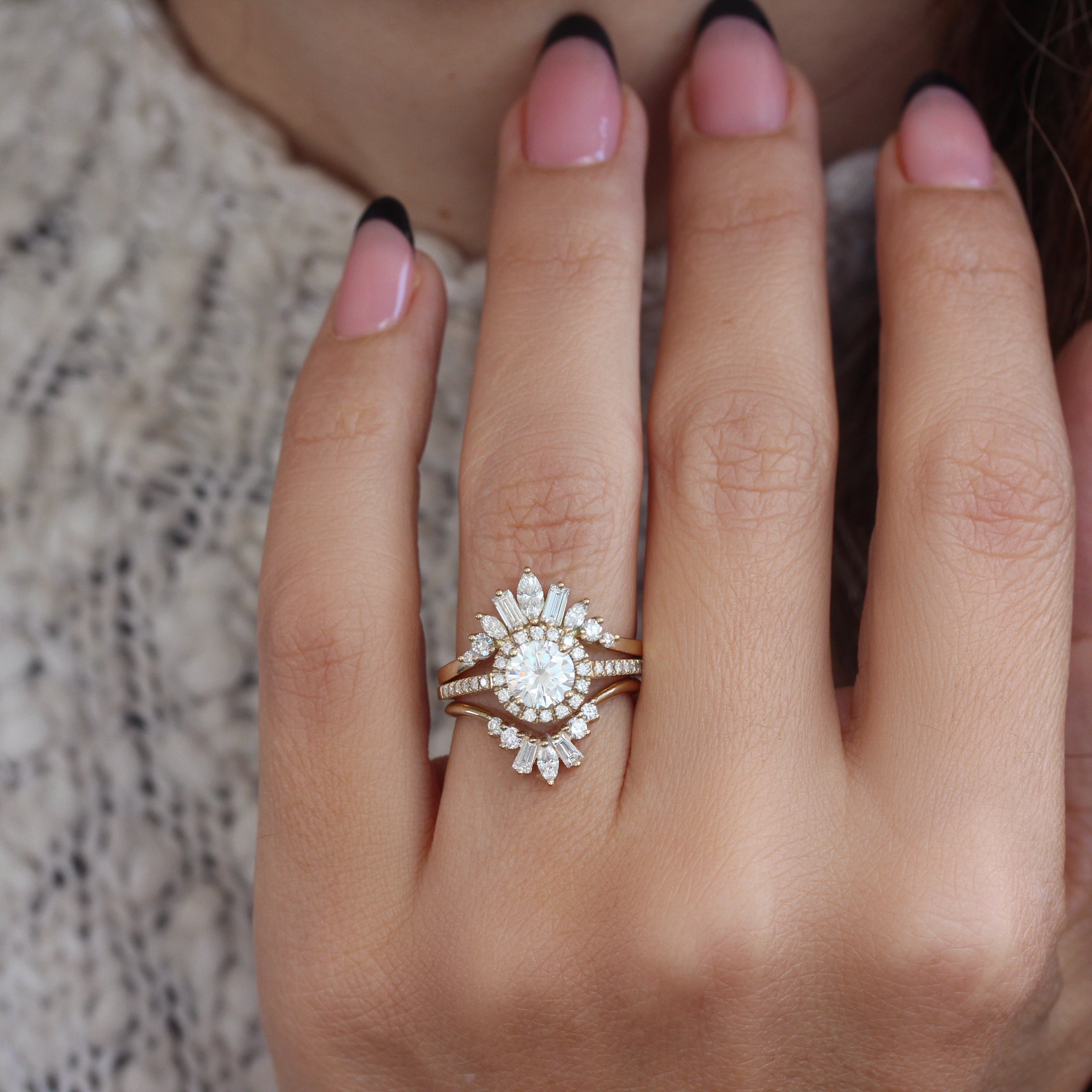 Round Diamond Halo Engagement Ring With Two Matching Sidebands, Bridal Three Ring Set "Lady" "Ally V" & "Billy"