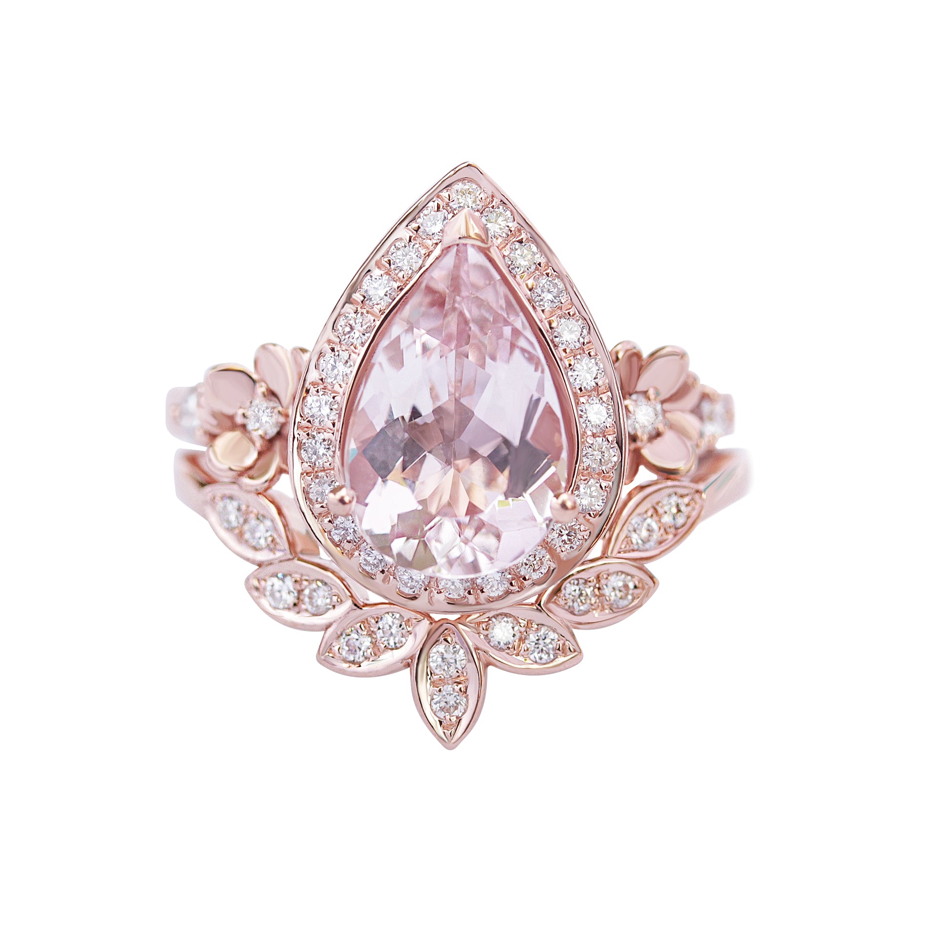 2 carat Pear Pink Morganite and 7 Leaves Diamond Sideband, Wedding Ring Set- "Antheia Bloom"
