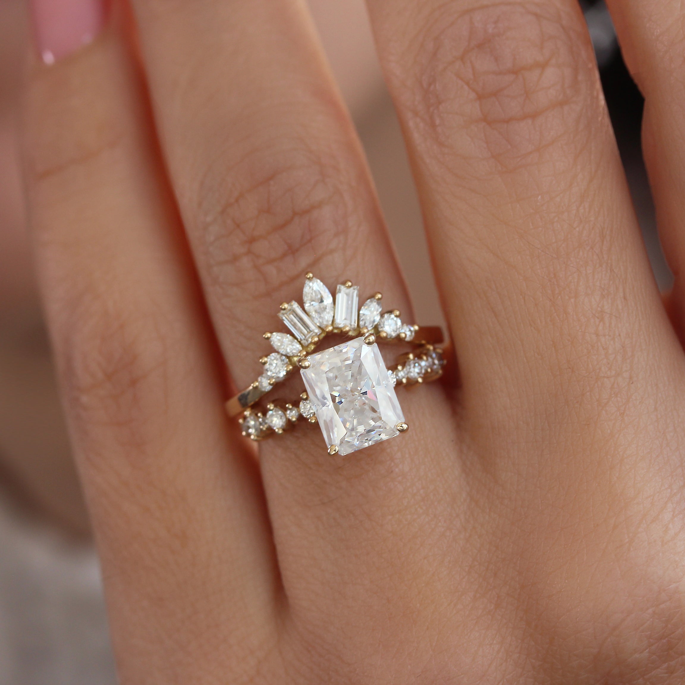 Bright Radiant / Emerald Diamond Engagement Ring With Matching Nesting Sideband, Bridal Ring Set - "Margo" & "Ally V"