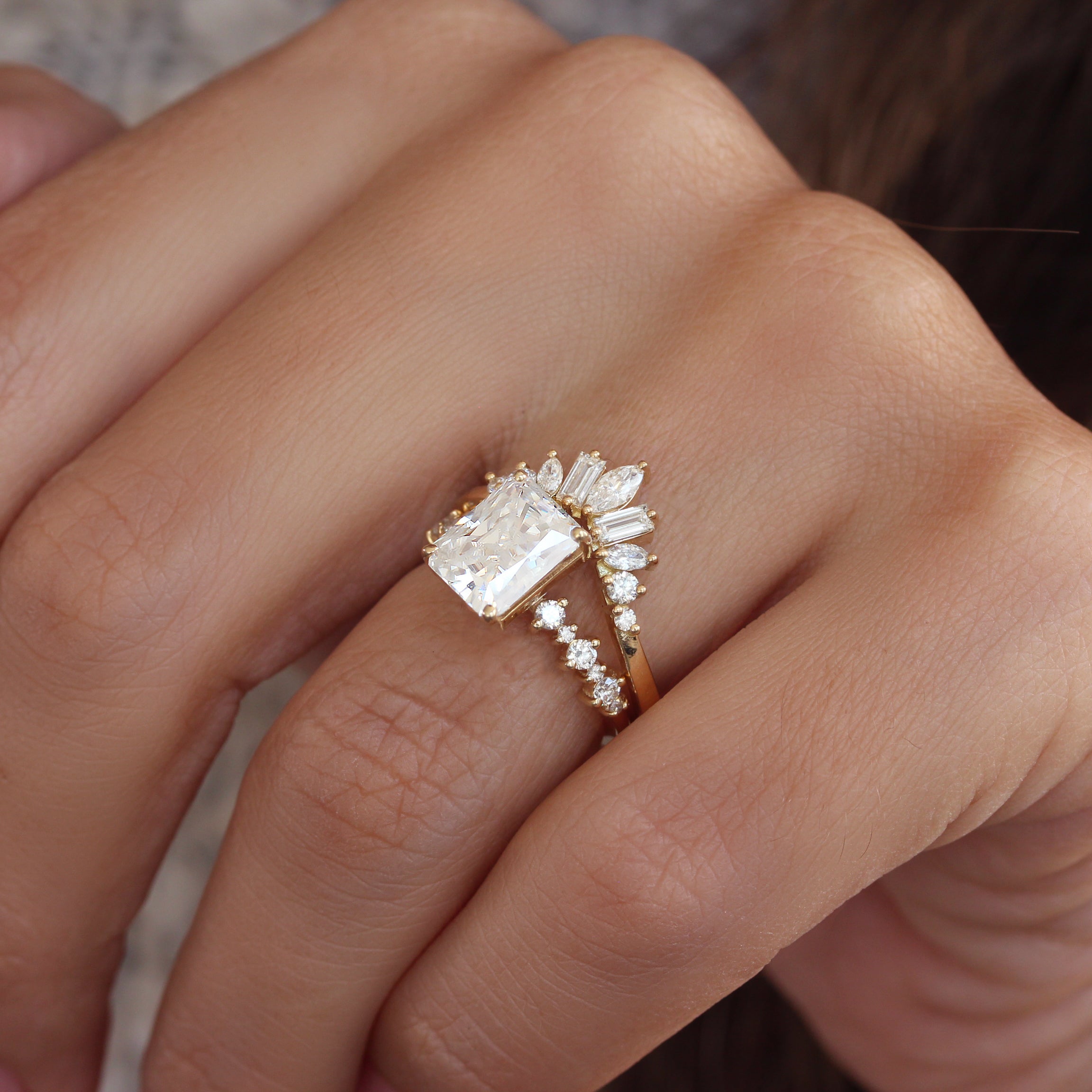 Bright Radiant / Emerald Diamond Engagement Ring With Matching Nesting Sideband, Bridal Ring Set - "Margo" & "Ally V"