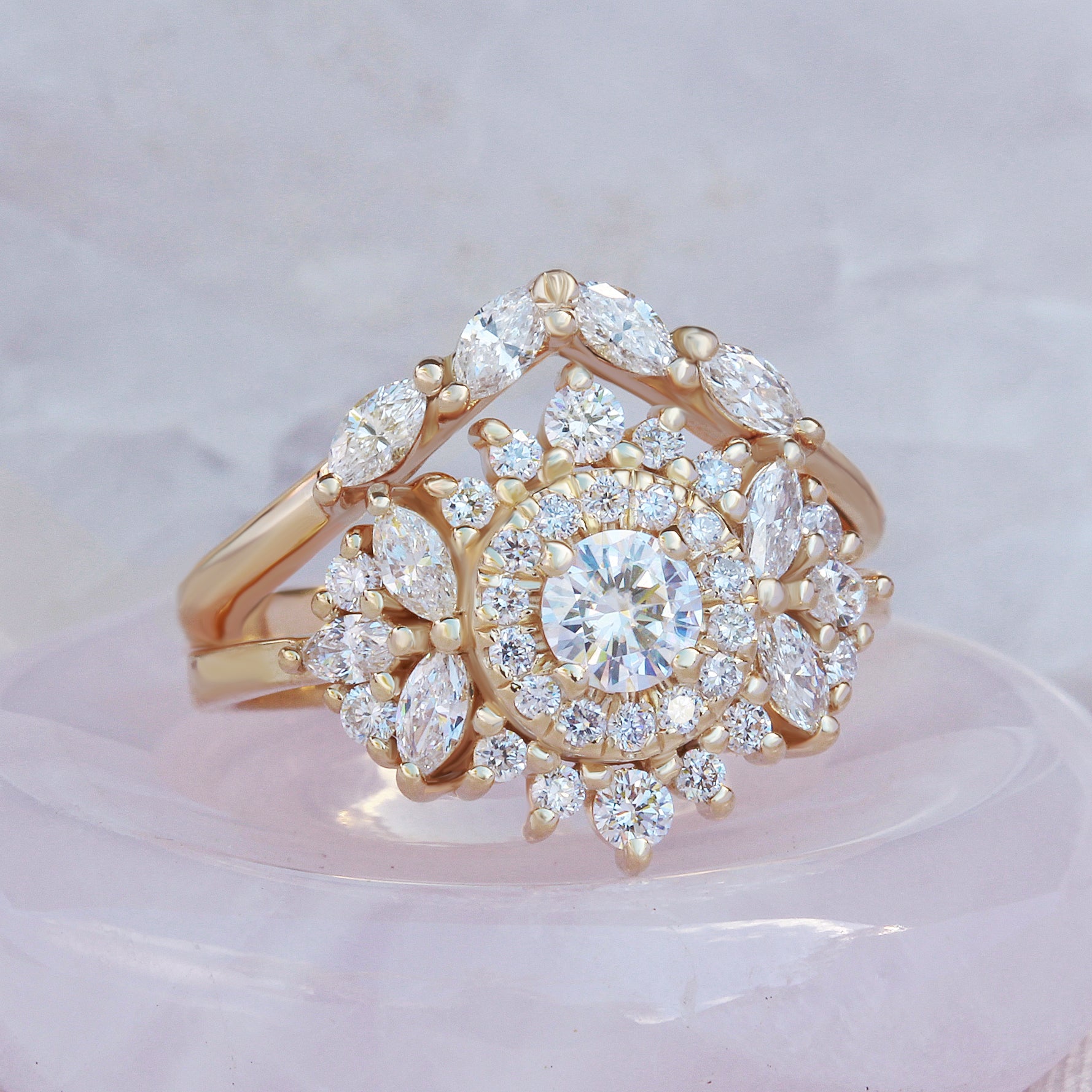 Small Double Halo Round Diamond Unique Engagement Ring, "Monaco"