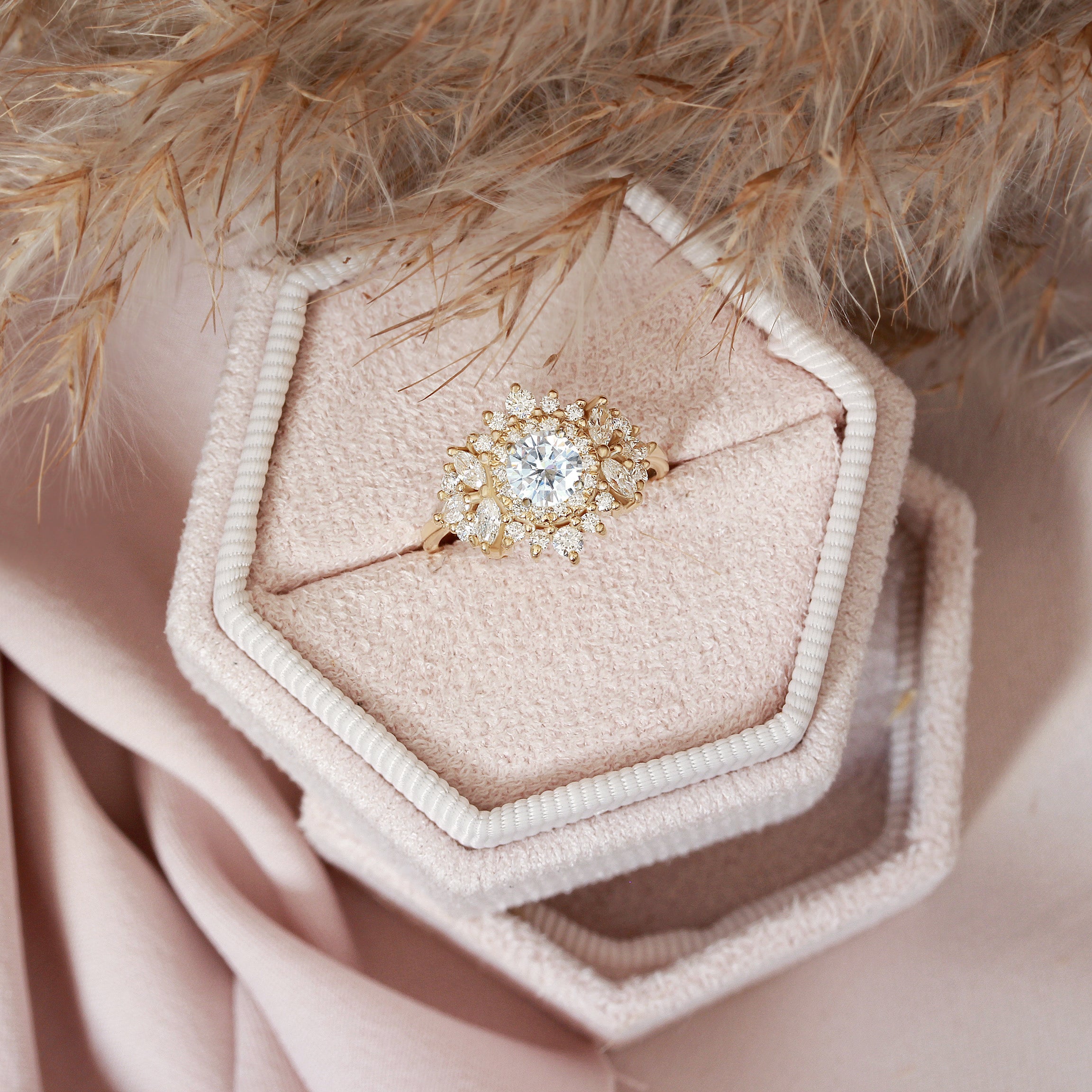 Small Double Halo Round Diamond Unique Engagement Ring, "Monaco" yellow gold