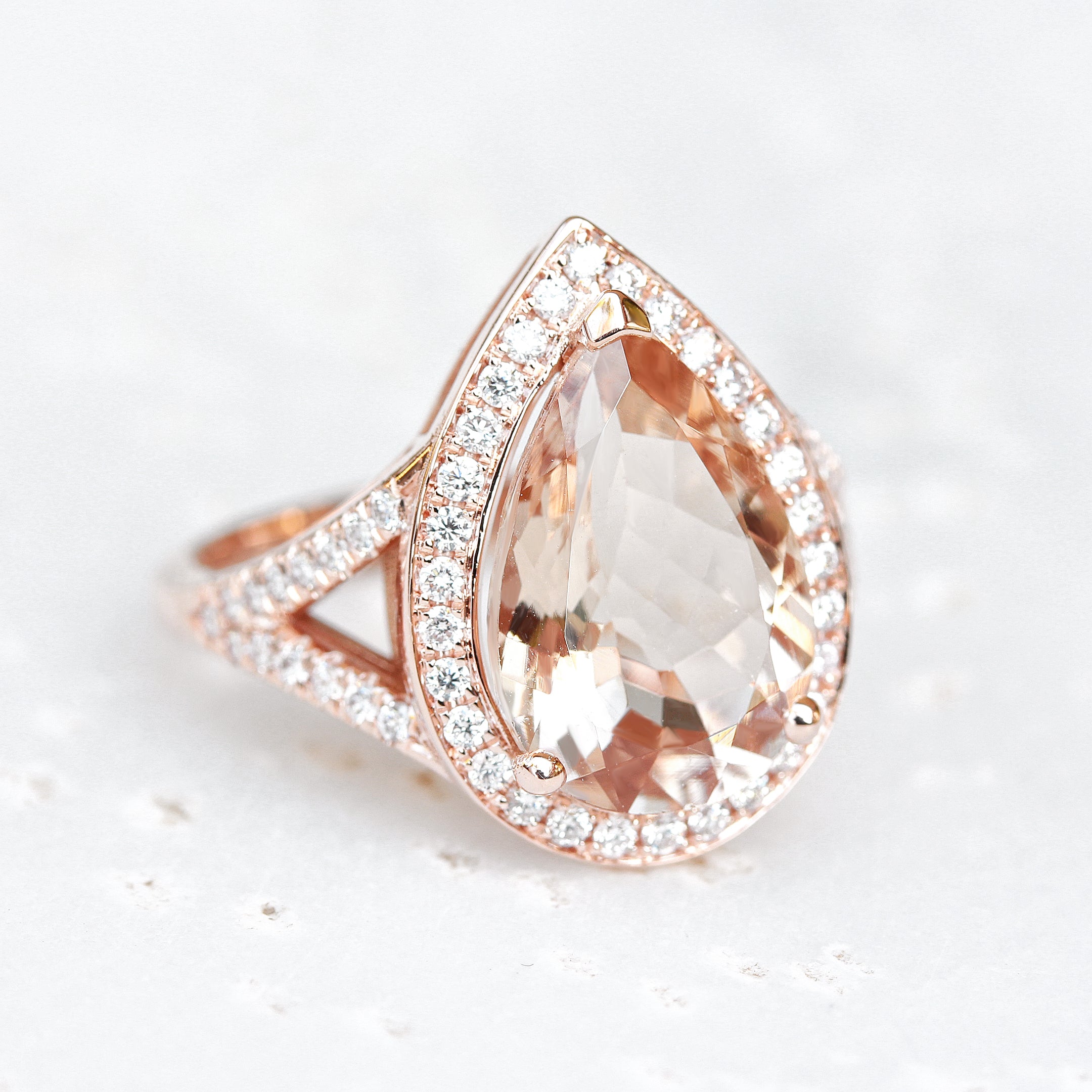 Pear 3.0ct big Morganite & Diamond Halo Bridal Two Ring Set, Nia Cocktail - sillyshinydiamonds