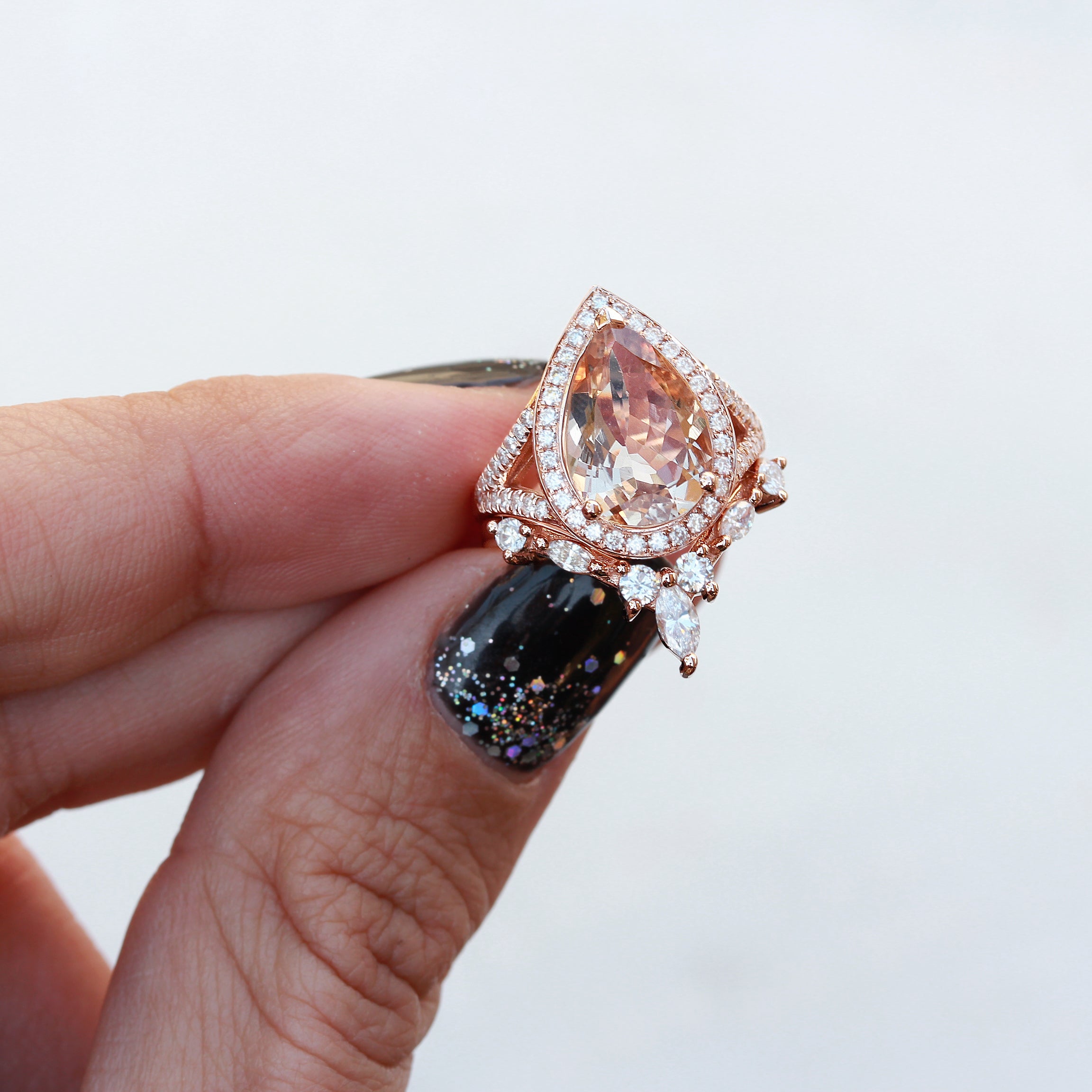 Pear 3.0ct big Morganite & Diamond Halo Bridal Two Ring Set, Nia Cocktail - sillyshinydiamonds