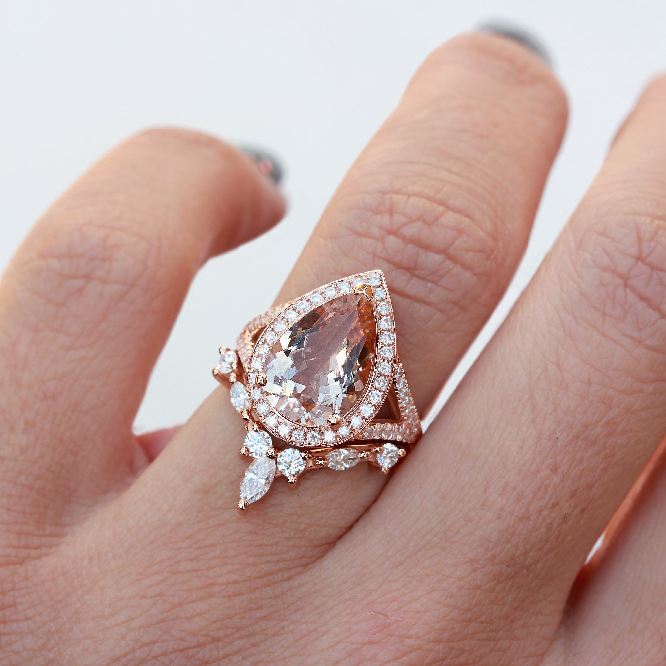 Pear 3.0ct big Morganite & Diamond Halo Bridal Two Ring Set, Nia Cocktail - sillyshinydiamonds