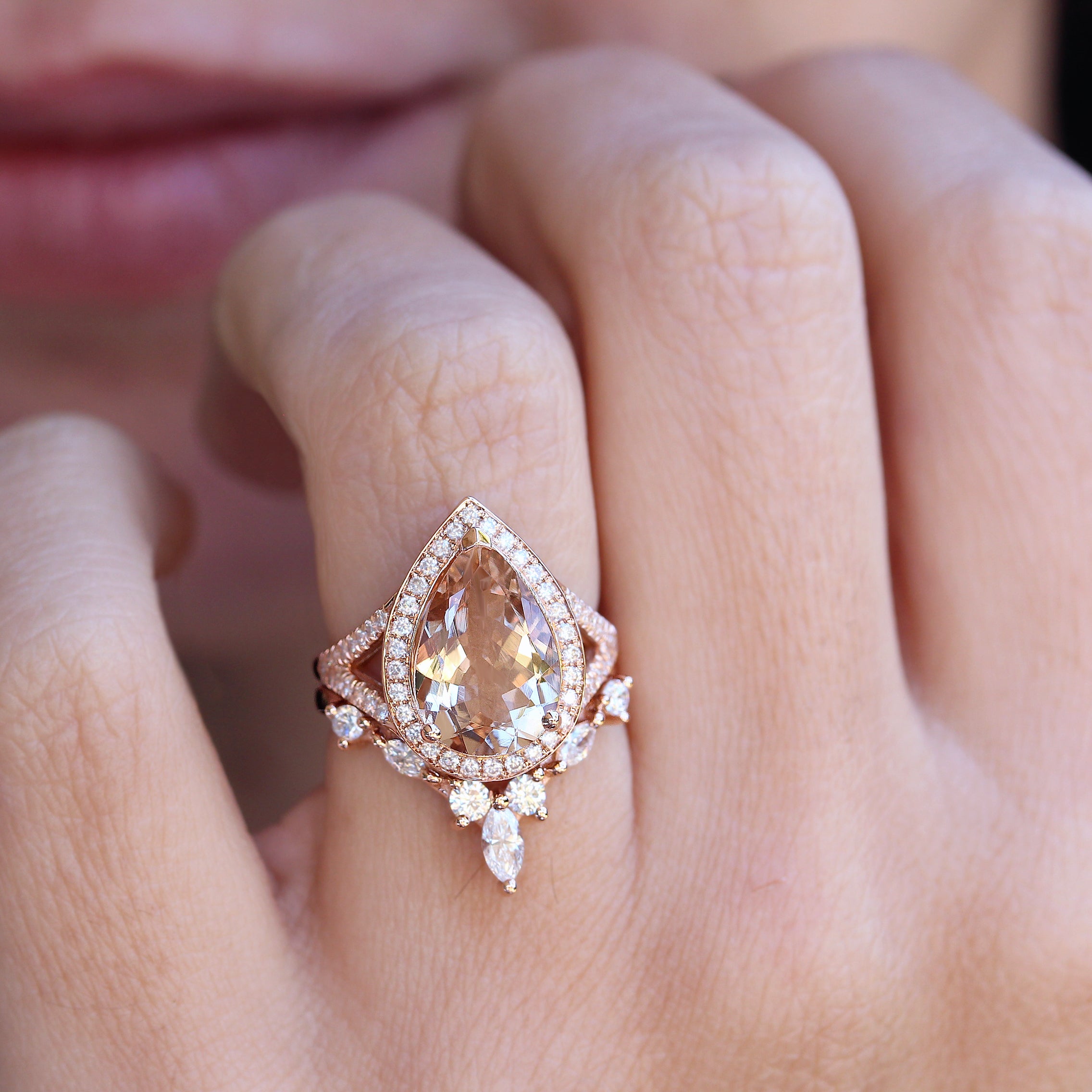 Pear 3.0ct big Morganite & Diamond Halo Bridal Two Ring Set, Nia Cocktail - sillyshinydiamonds