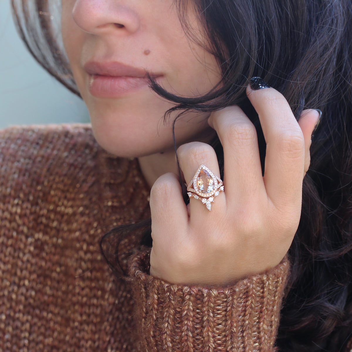 Pear big Morganite Diamond Halo Bridal Two Ring Set, Nia Cocktail