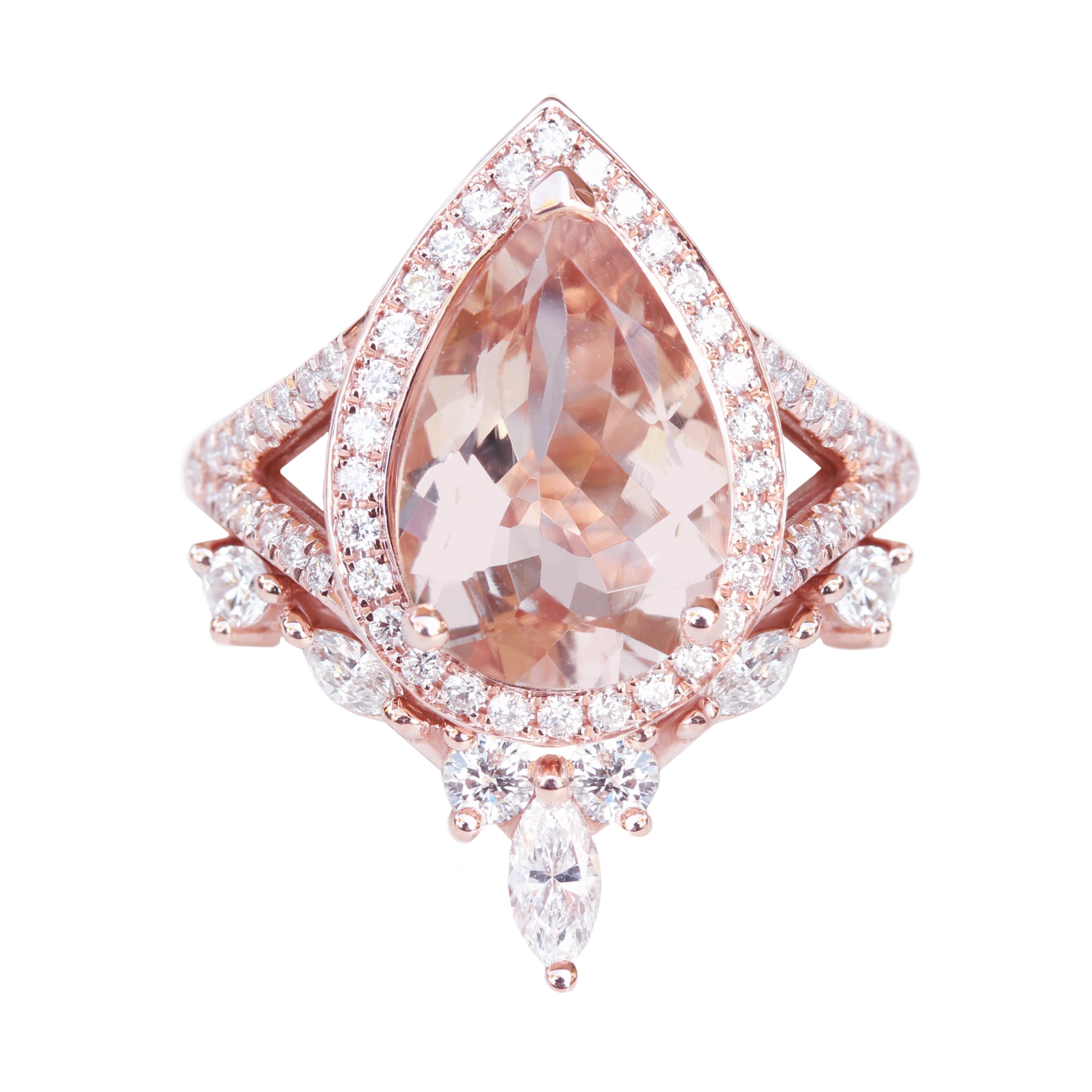 Pear 3.0ct big Morganite & Diamond Halo Bridal Two Ring Set, Nia Cocktail