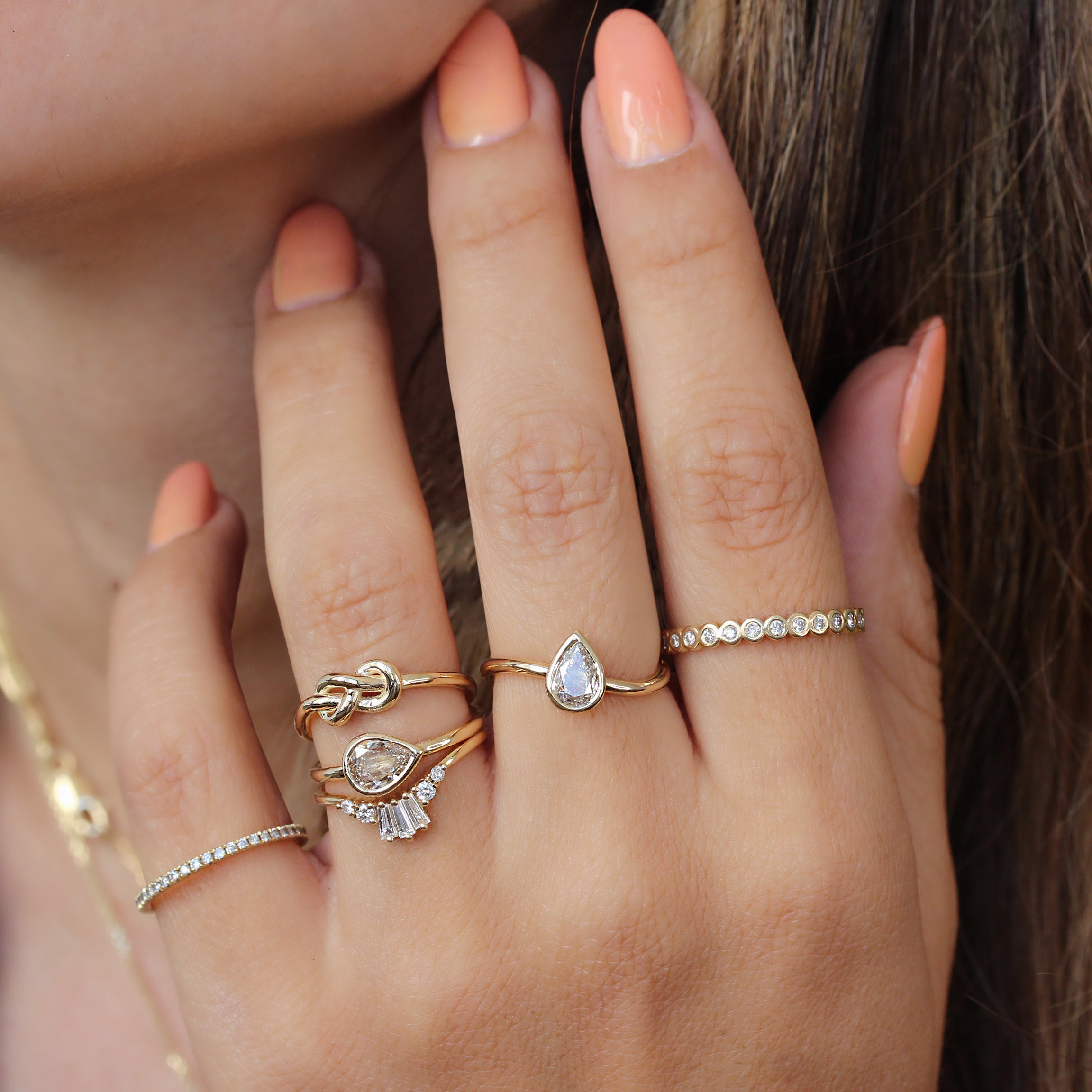 OOAK Solitaire Bezel Set, Rose Cut Pear Shape, Champagne Diamond Infinity Knot Engagement Ring, 14K Yellow Gold, Size 6